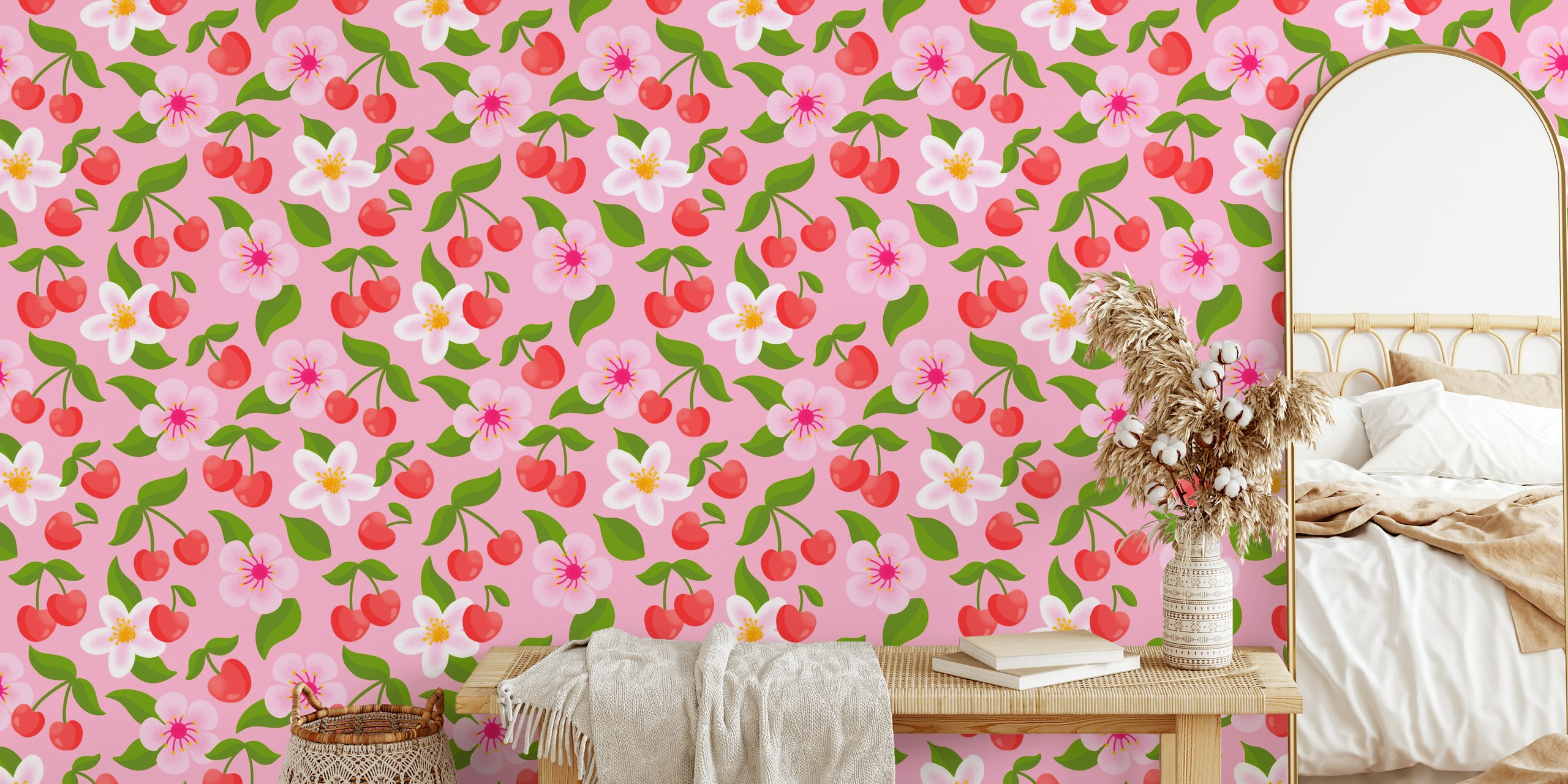 Cherry pattern wallpaper on pink background
