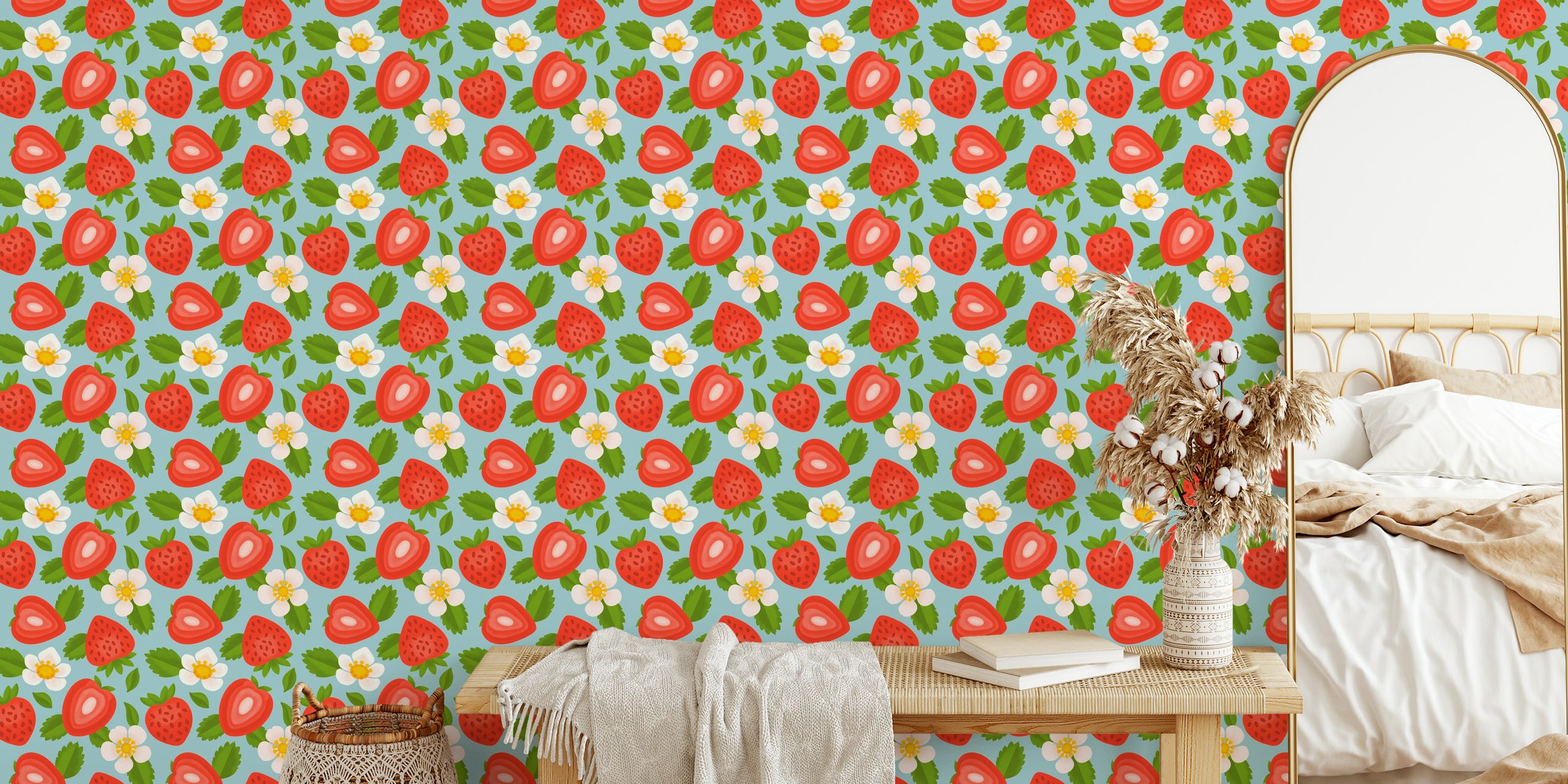 Fresh strawberry and flower pattern on sky blue wallpaper