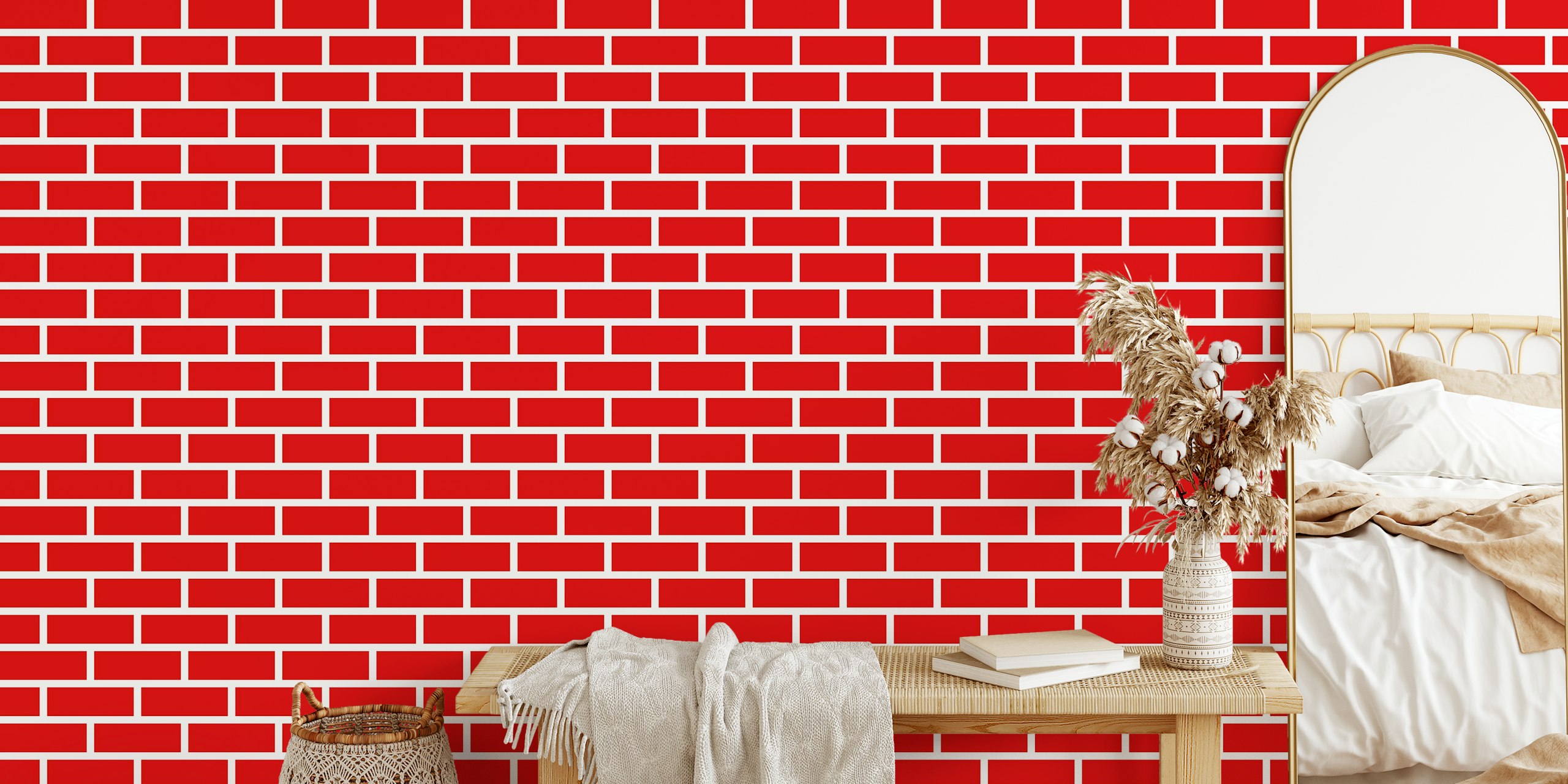 Red brick pattern wallpaper in bold colors, modern design.