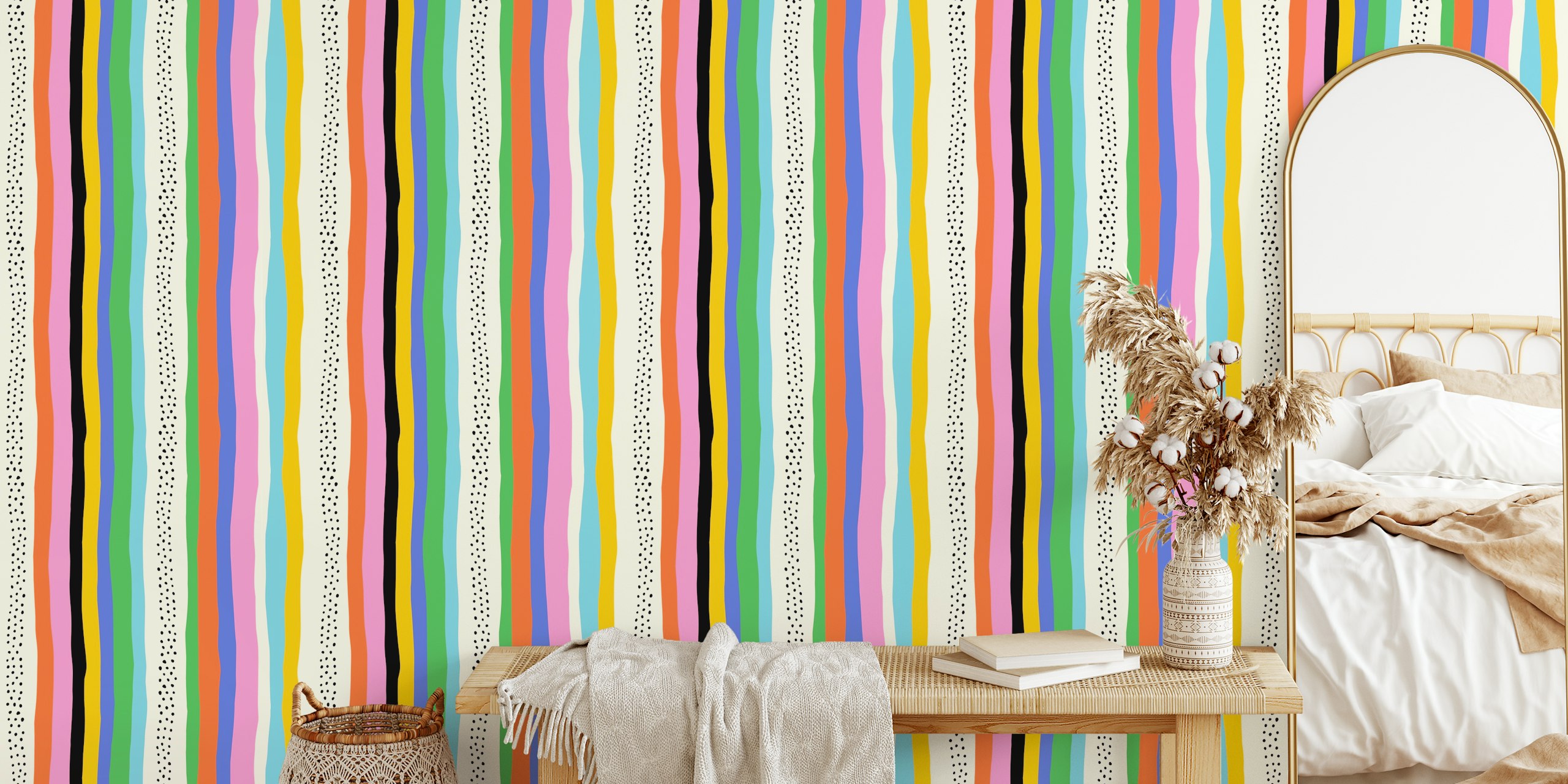 Colorful wavy stripes with dots in rainbow hues wallpaper