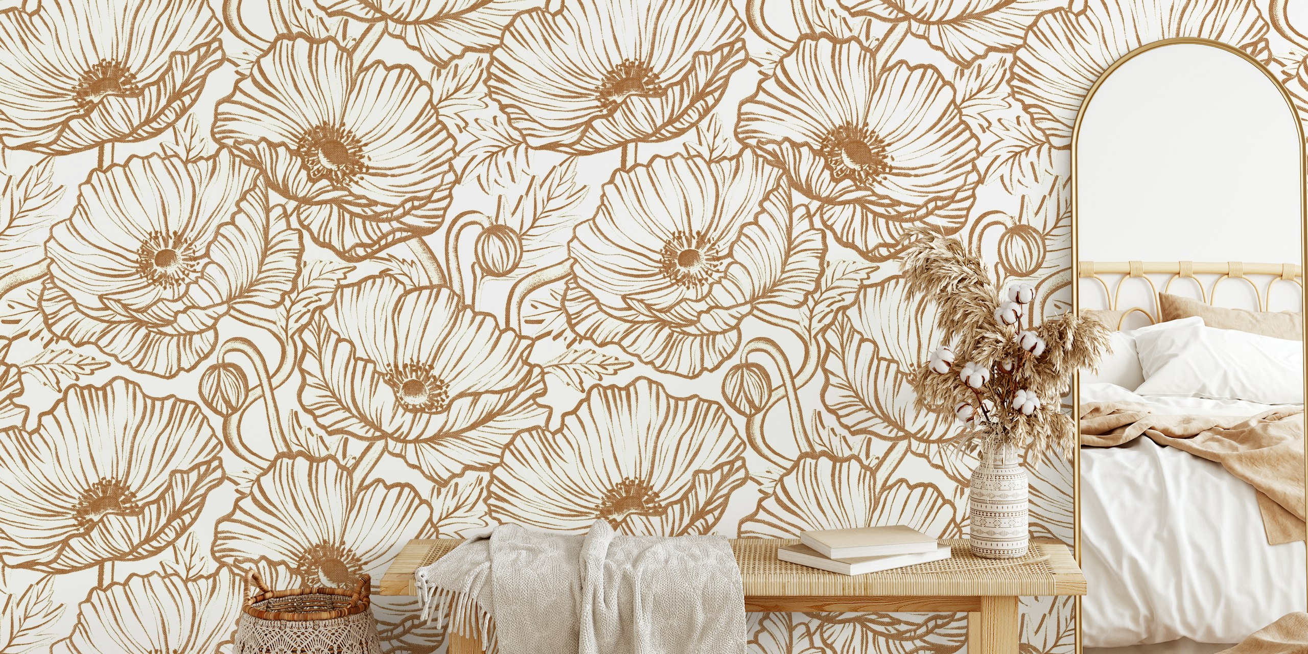 Cinnamon and cream poppy floral wallpaper design