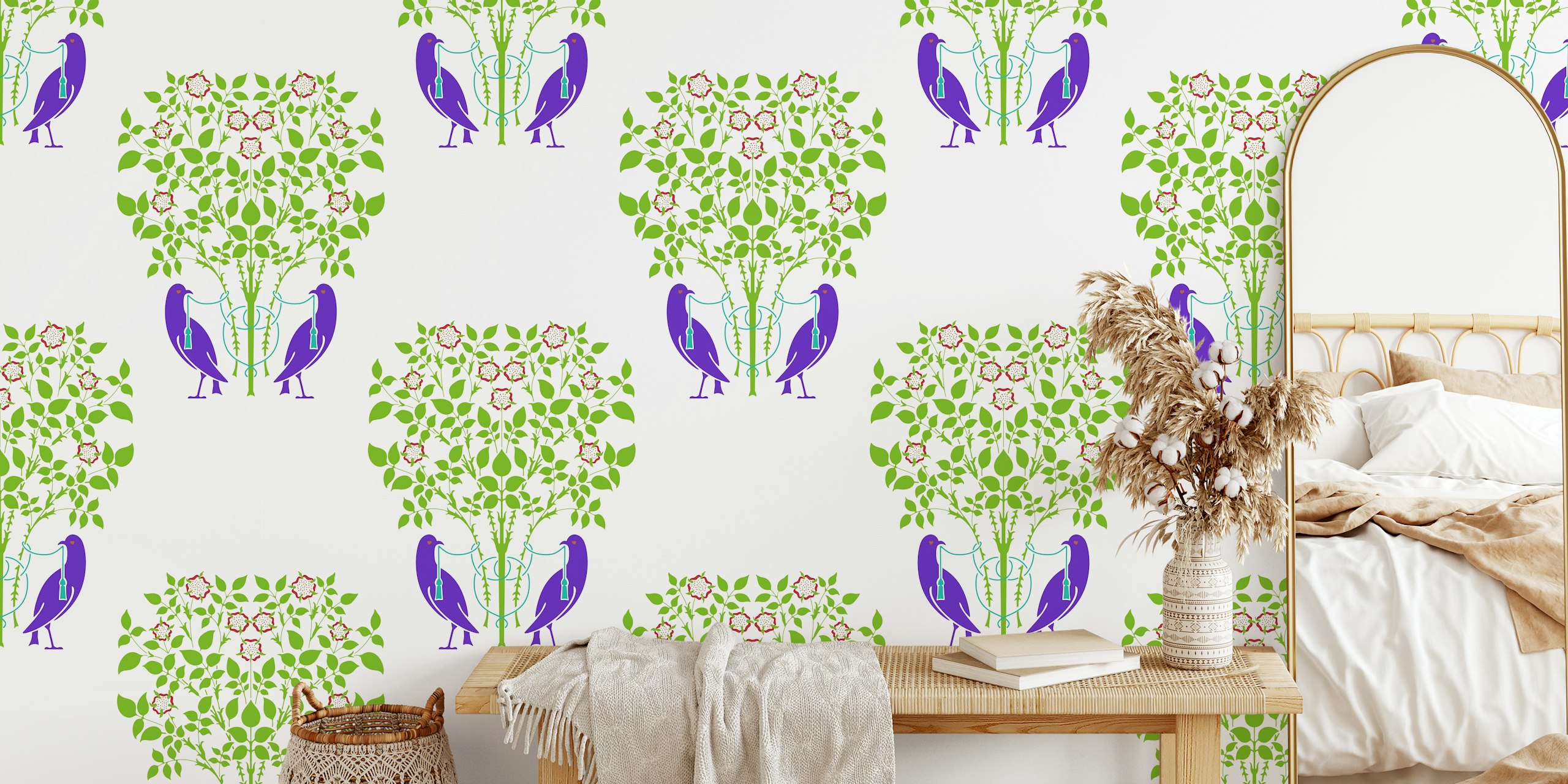 Art Nouveau Birds and Roses behang in een kamer