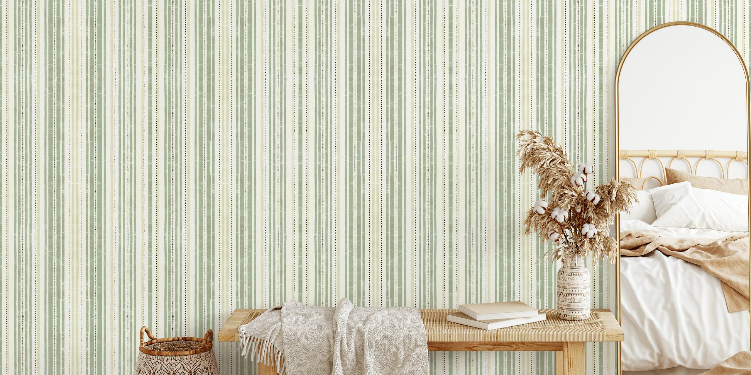 Vertical stripes in sage green and beige on a textured background wallpaper