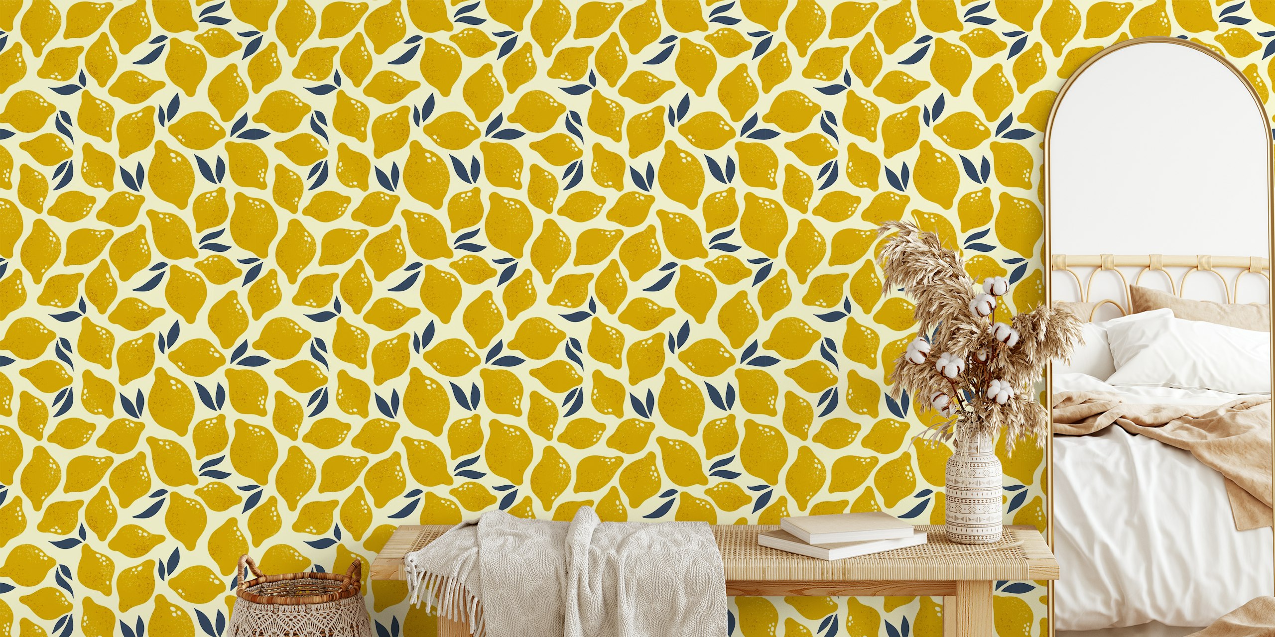 Yellow lemons and green leaves pattern wallpaper