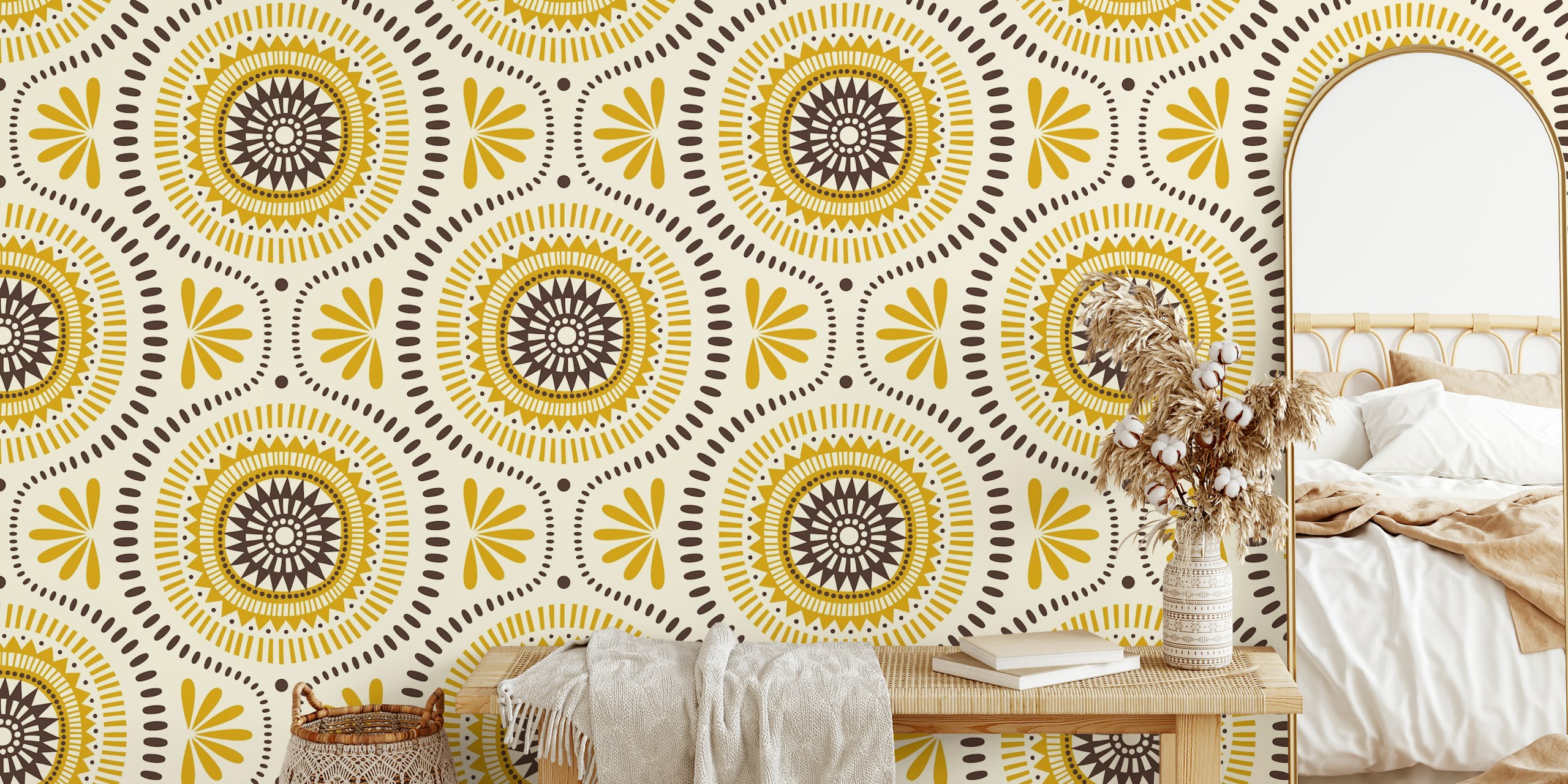 Geometric floral pattern in yellow and brown wallpaper