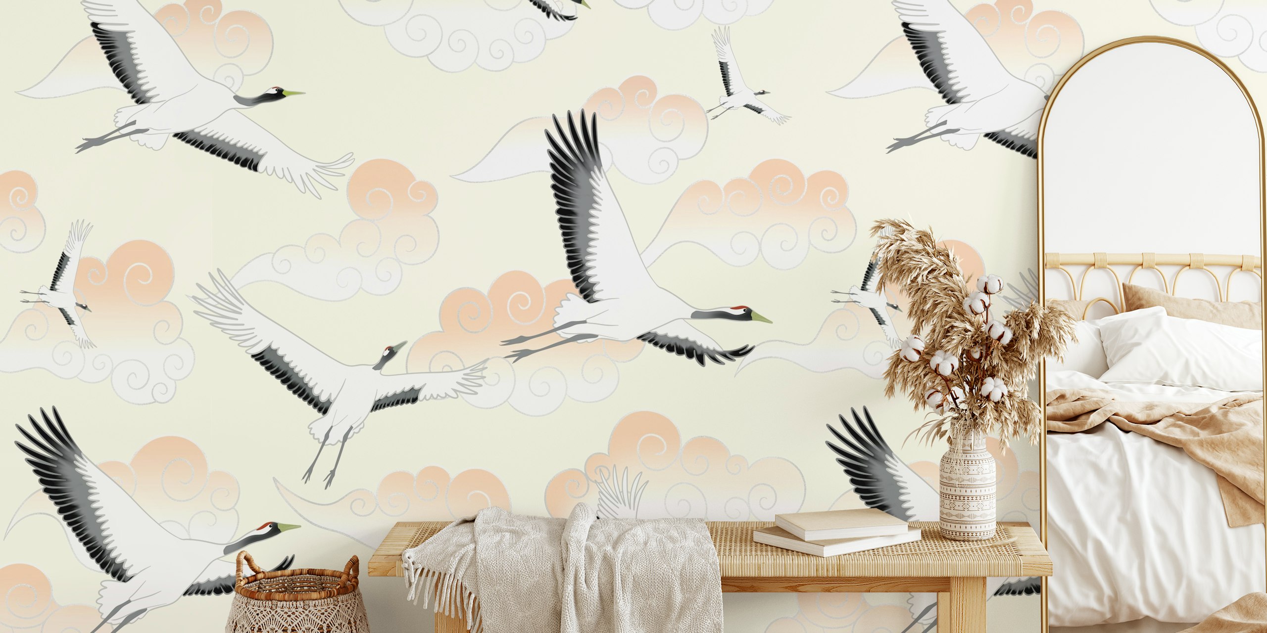 Cranes flying among clouds in soft pastel colors wallpaper