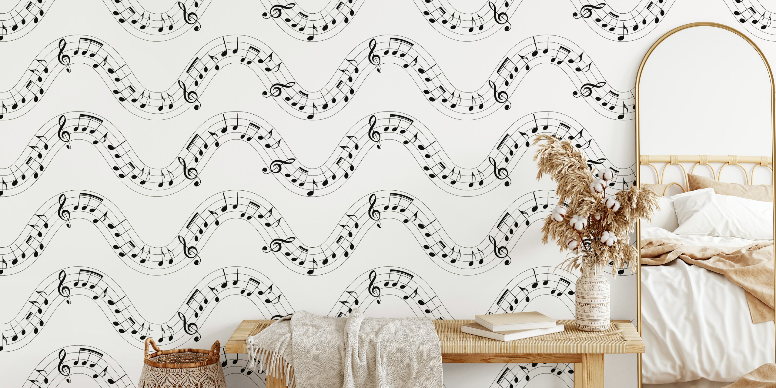 Zwarte musical notes op wit behangontwerp