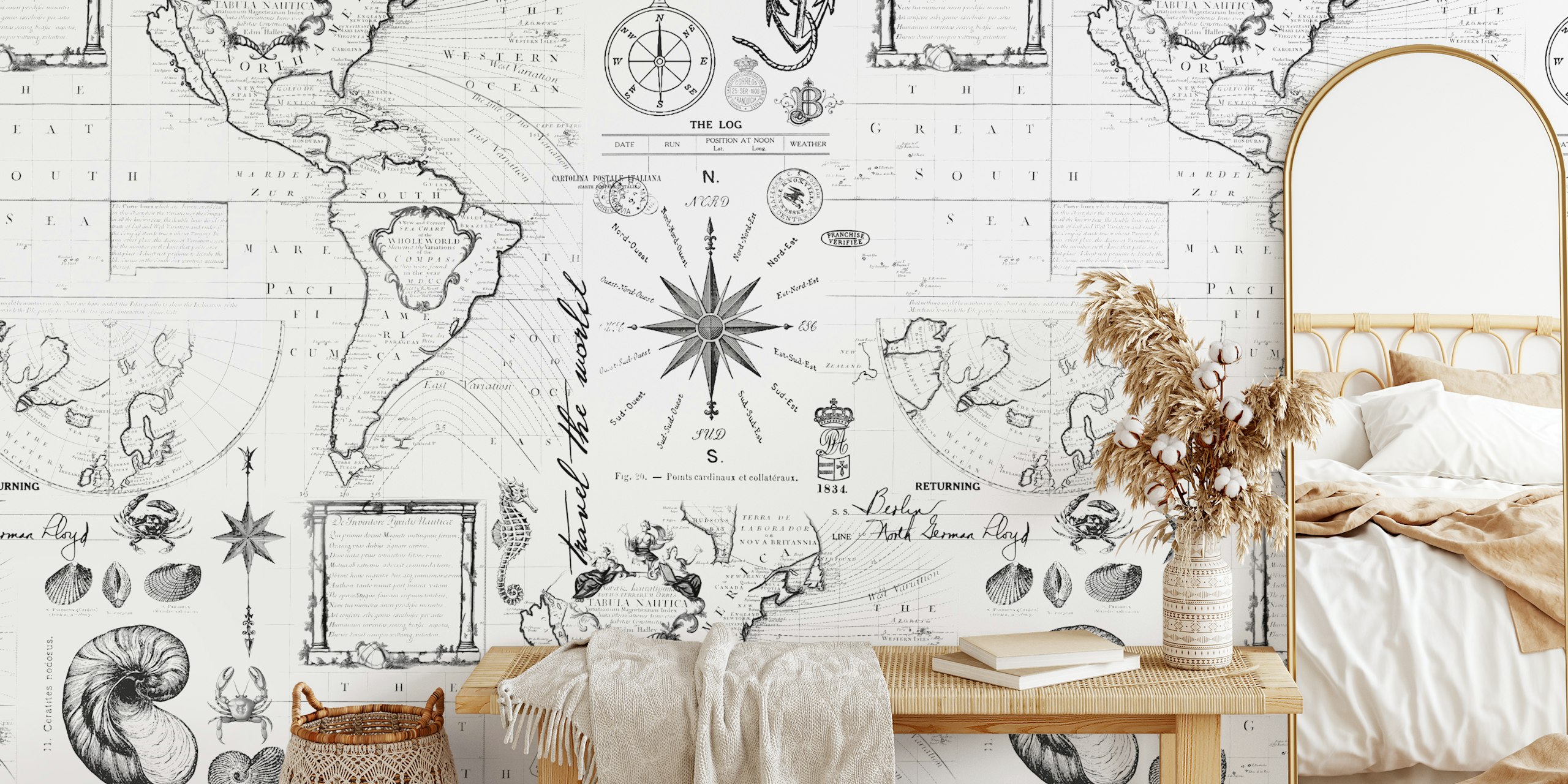 Nautical-themed wallpaper with vintage maps, compass, and ocean motifs in black and white