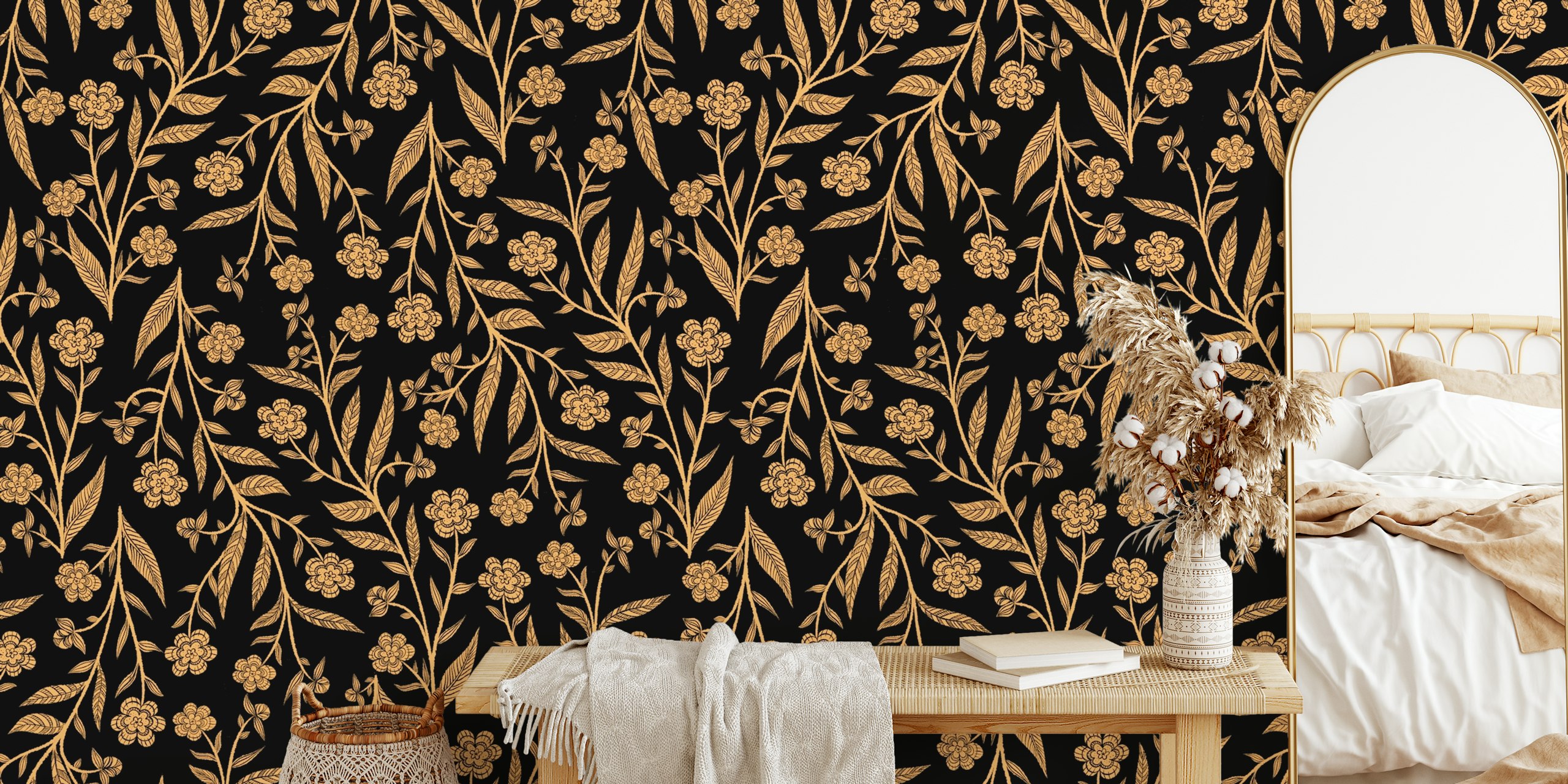 Gold floral doodle wallpaper on black backdrop