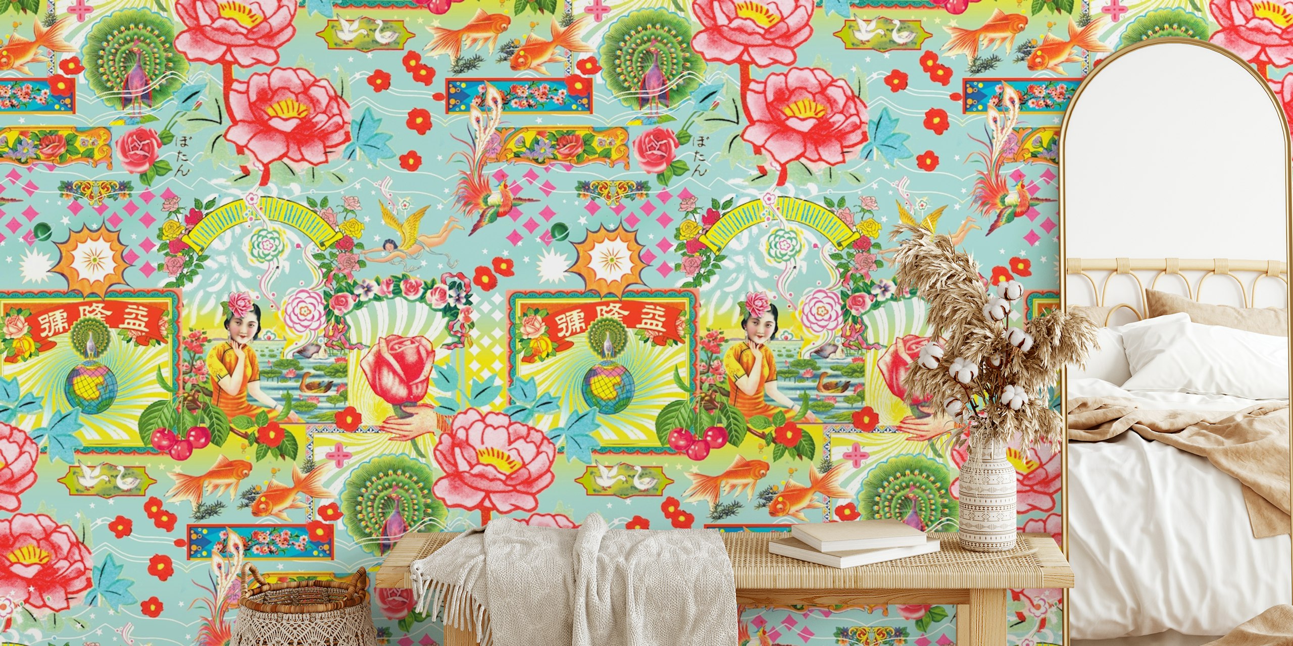 Vintage Asian floral wallpaper featuring colorful flowers and patterns