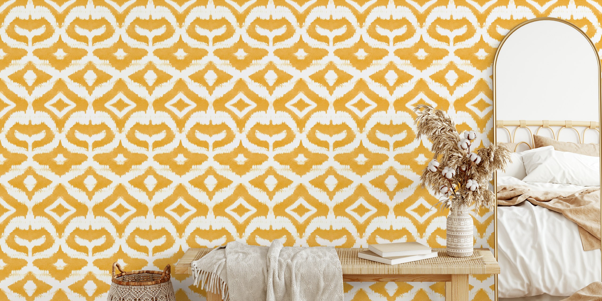 Marigold yellow and white ikat pattern wallpaper