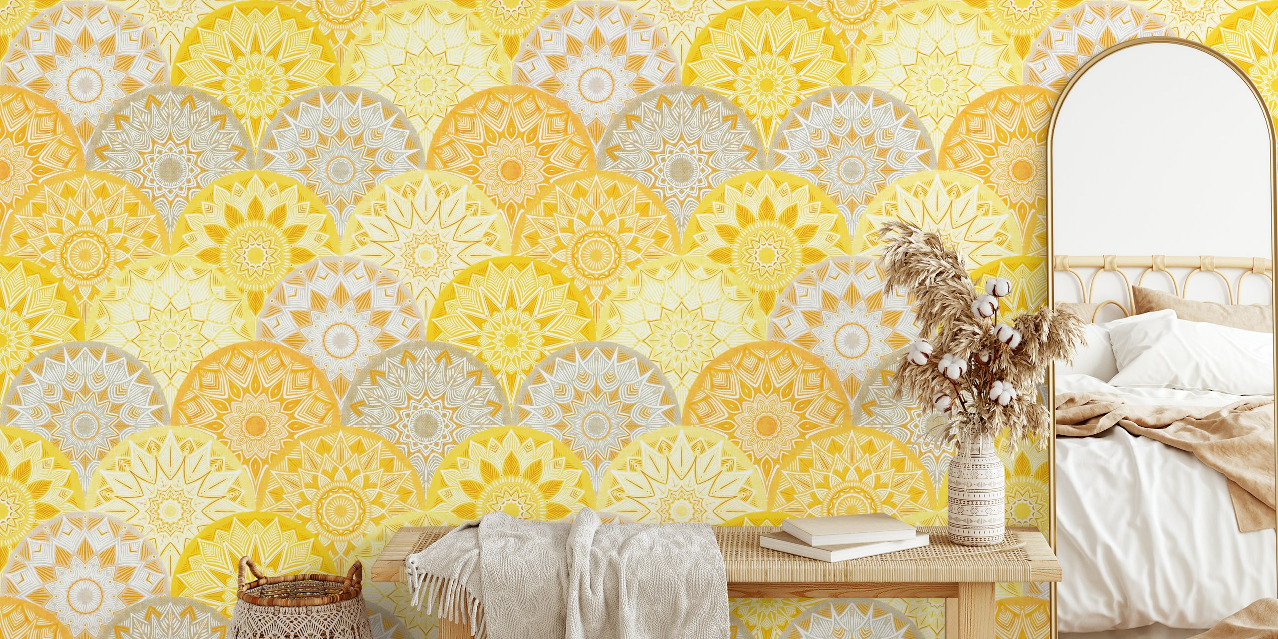 Gold und graue Mandala-Muster auf Tapete