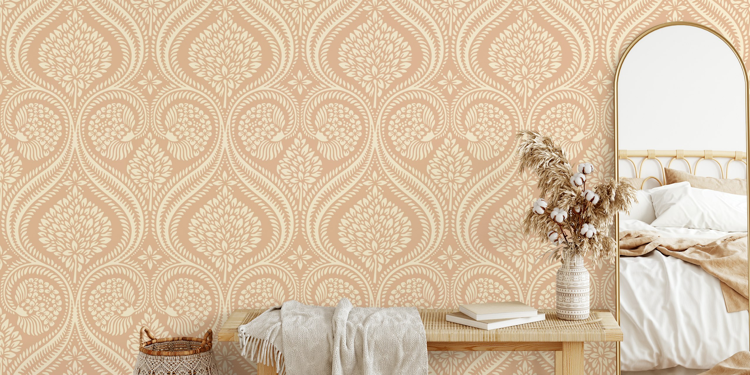 Florence Damask wall mural in nude tones with large-scale pattern