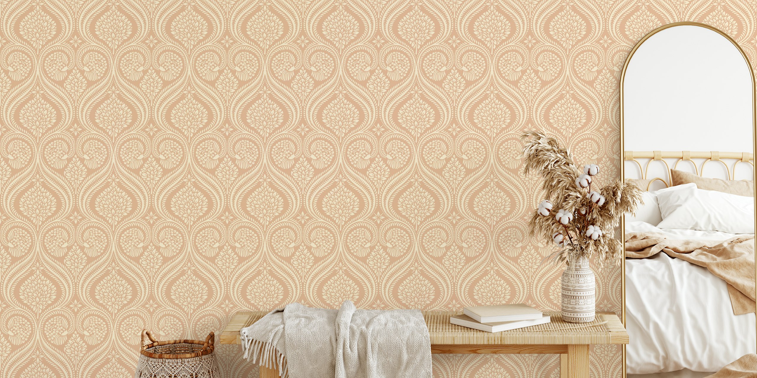 Floral damask pattern in nude and cream hues wallpaper