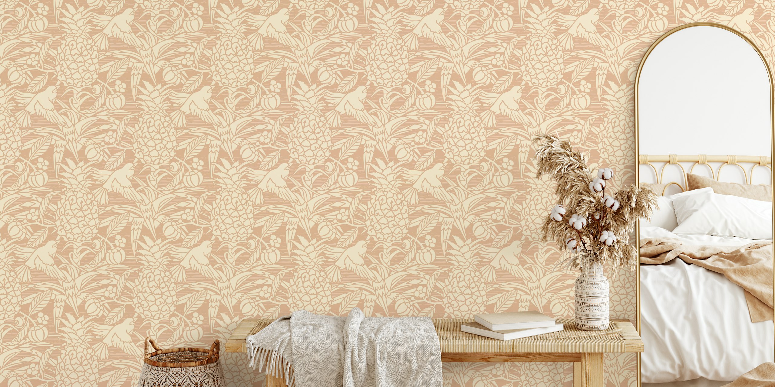 Tropical floral design with pineapples and birds in nude wallpaper