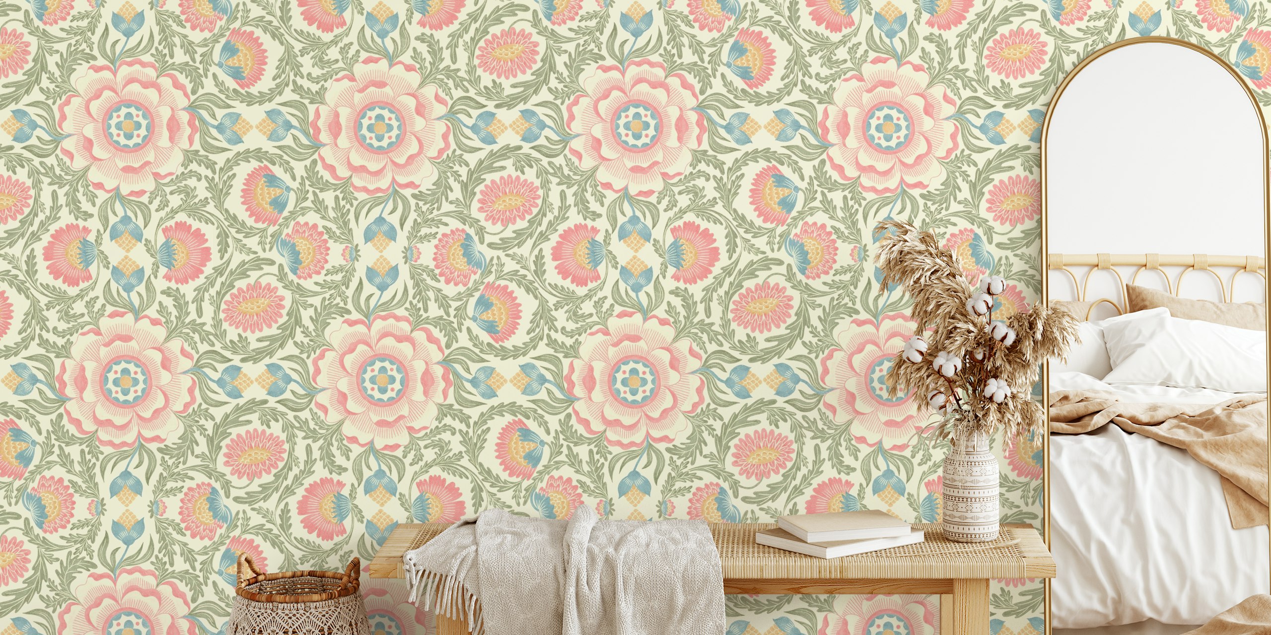 Floral wallpaper featuring pastel pink and blue flowers with green leaves on a cream background