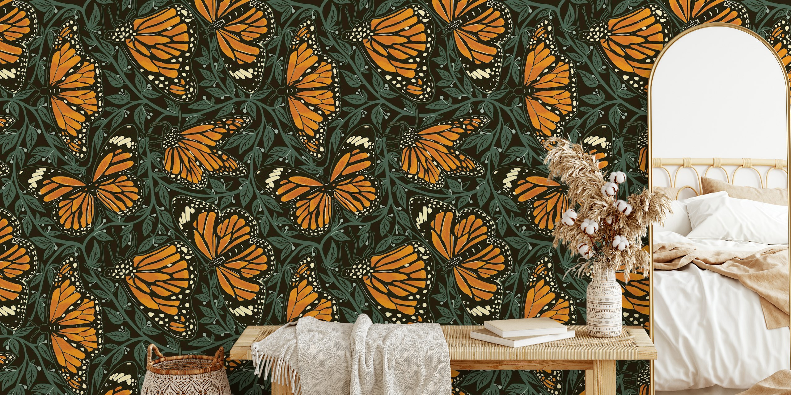 Oranje vlinders op een zwarte achtergrond met groene bladeren wanddecoratie