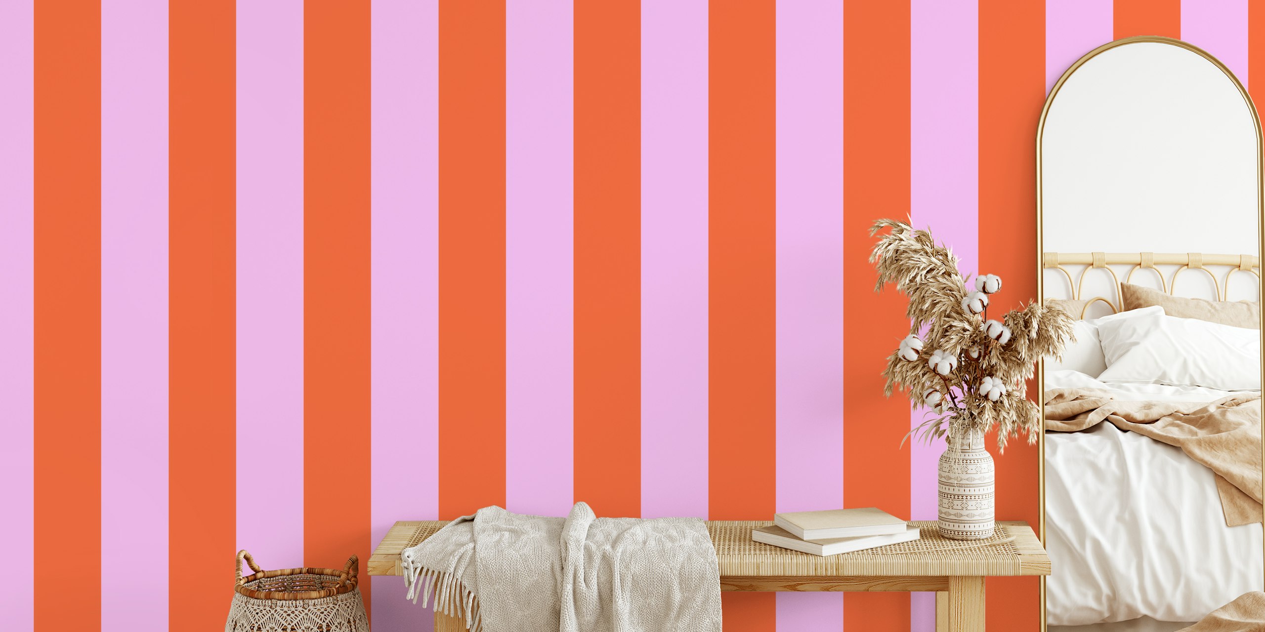 Vintage pink and lavender striped wallpaper in a room