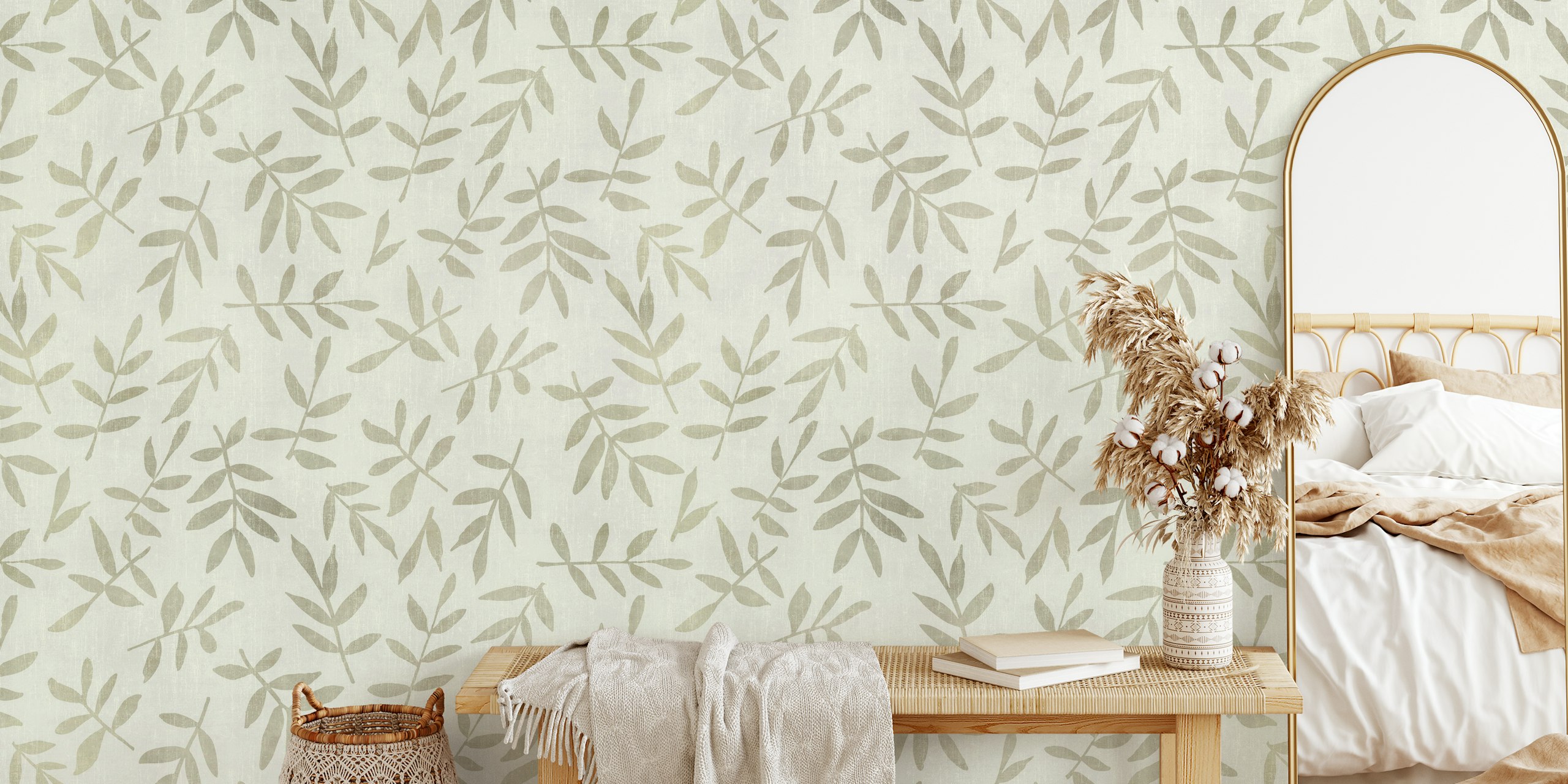 Simple Ditsy Leaf Pattern wallpaper in a room