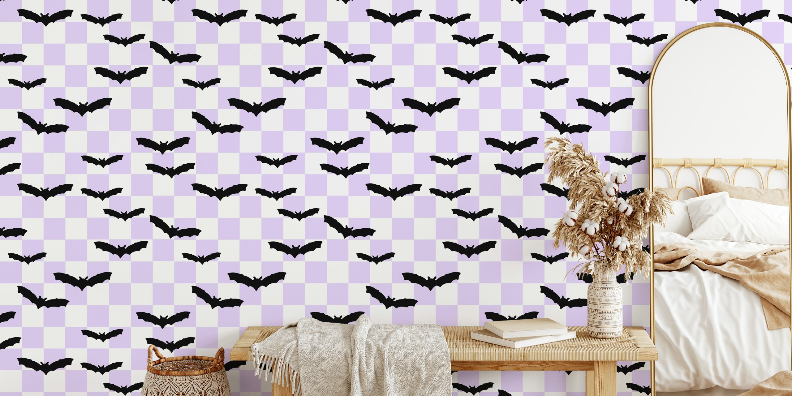Black bats on purple and white checkerboard wallpaper
