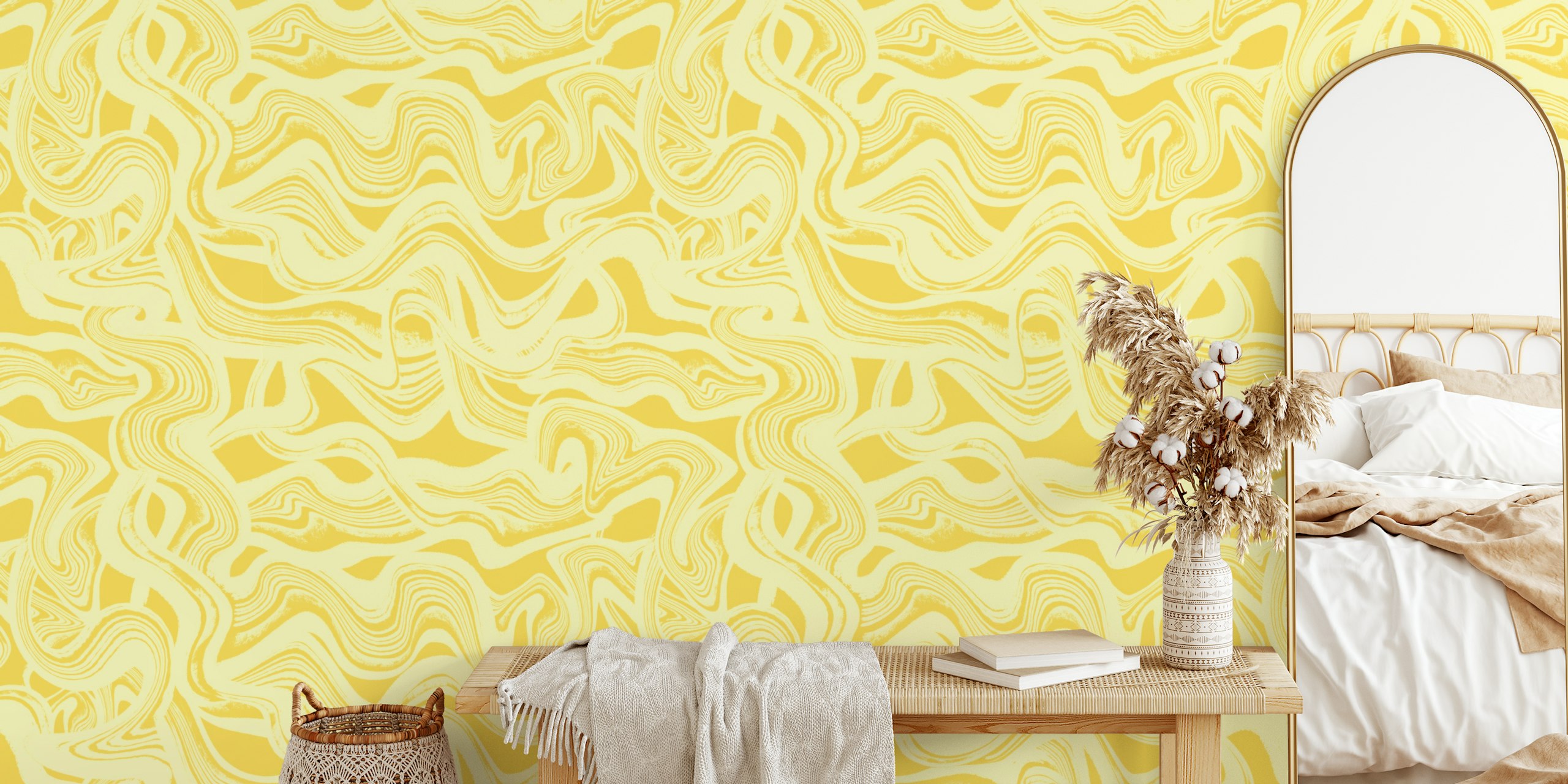 Abstract flowing lines in varying shades of yellow wallpaper