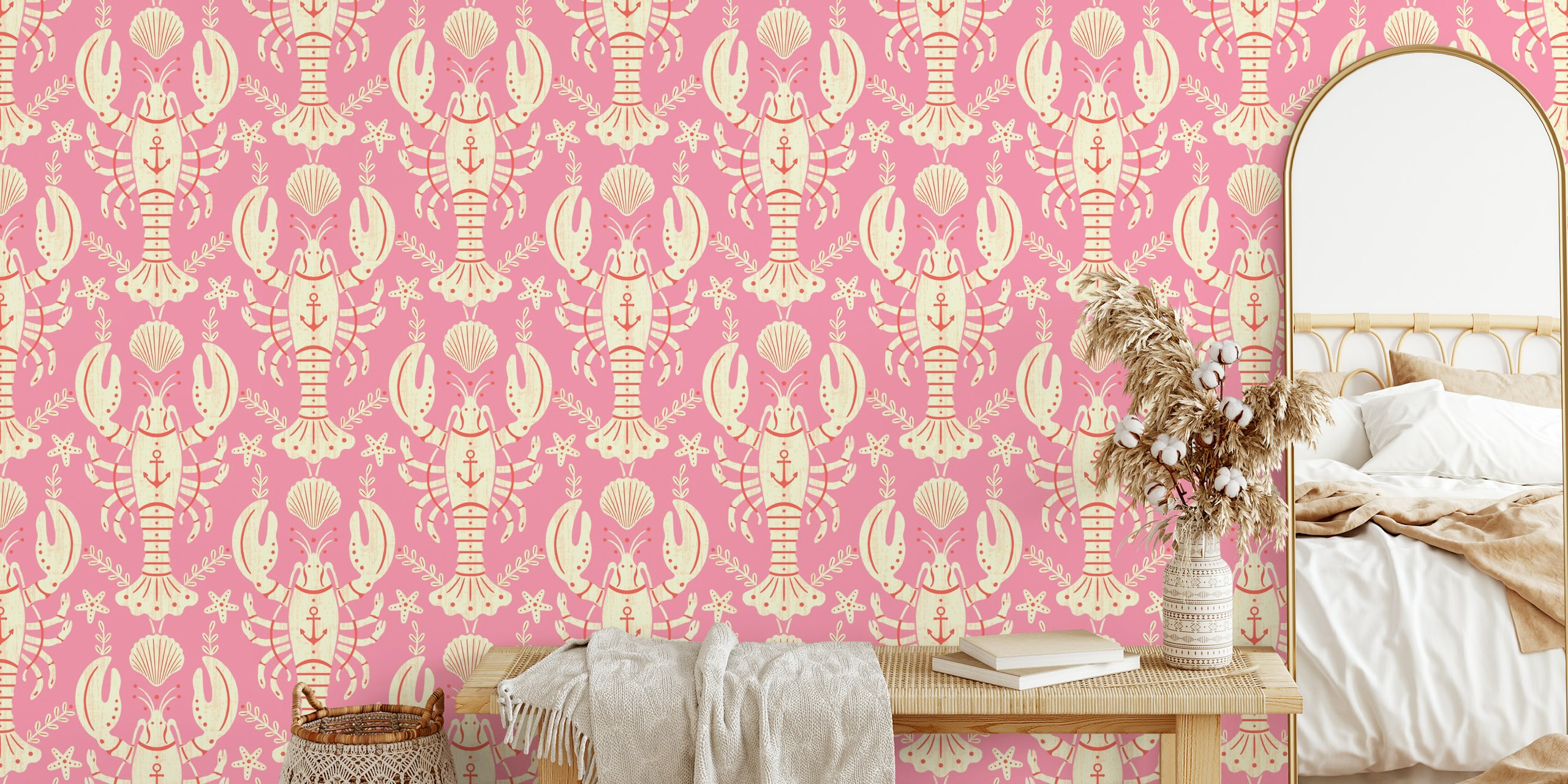 Pink lobster and anchor pattern on light pink wallpaper