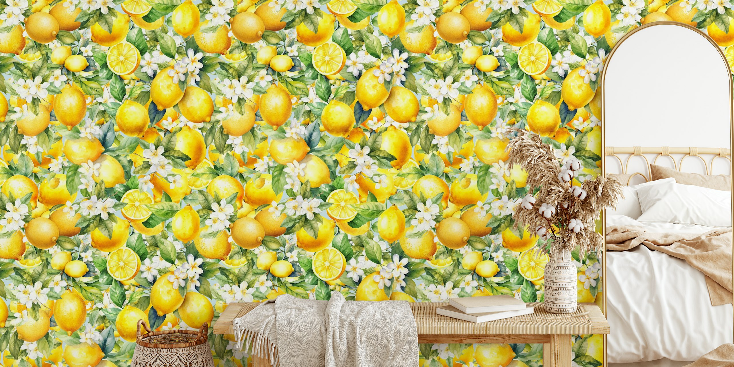 Lemon and white flower pattern on light background wallpaper