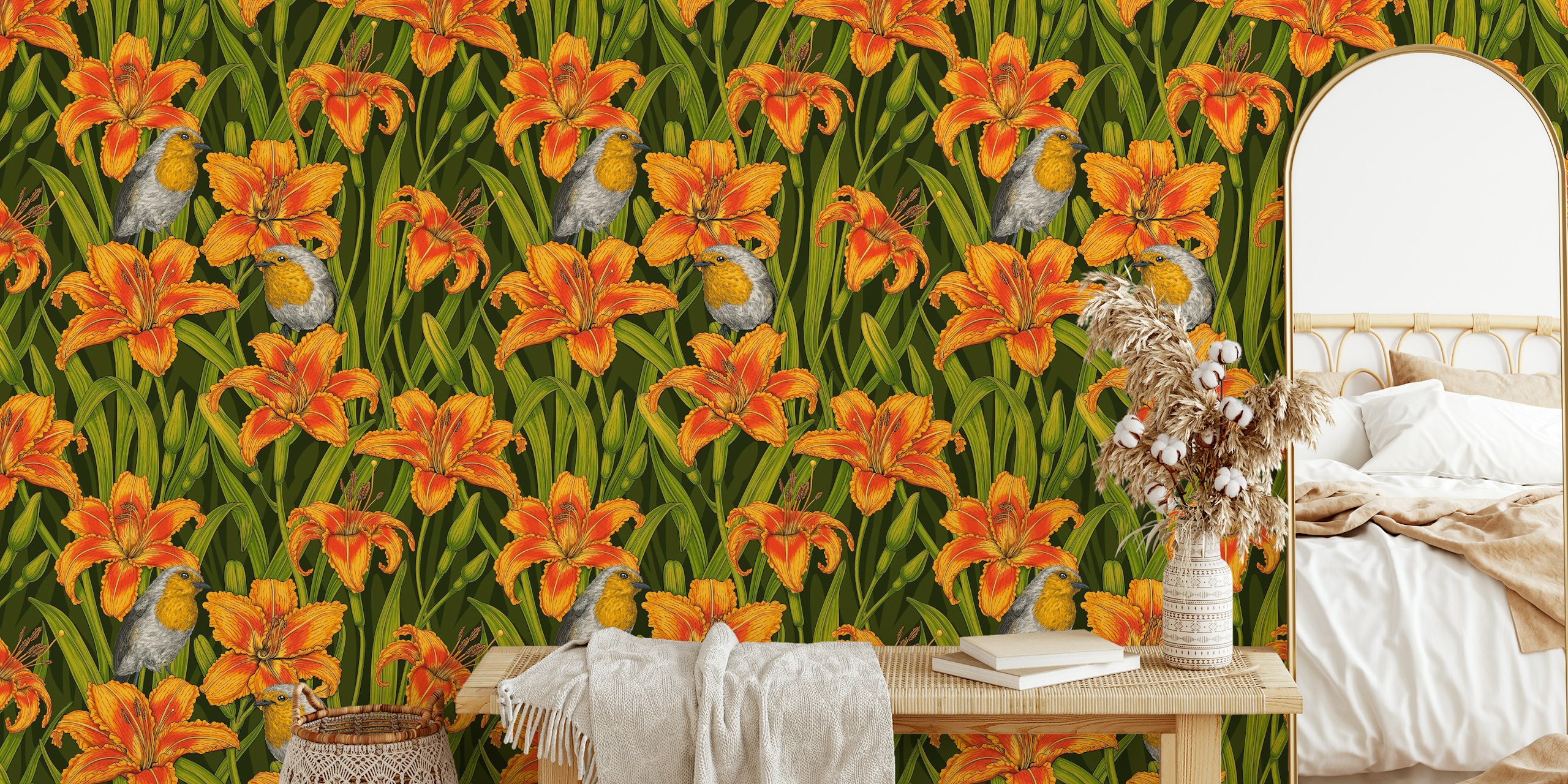 Tapeta Robins a lily flowers v pokoji