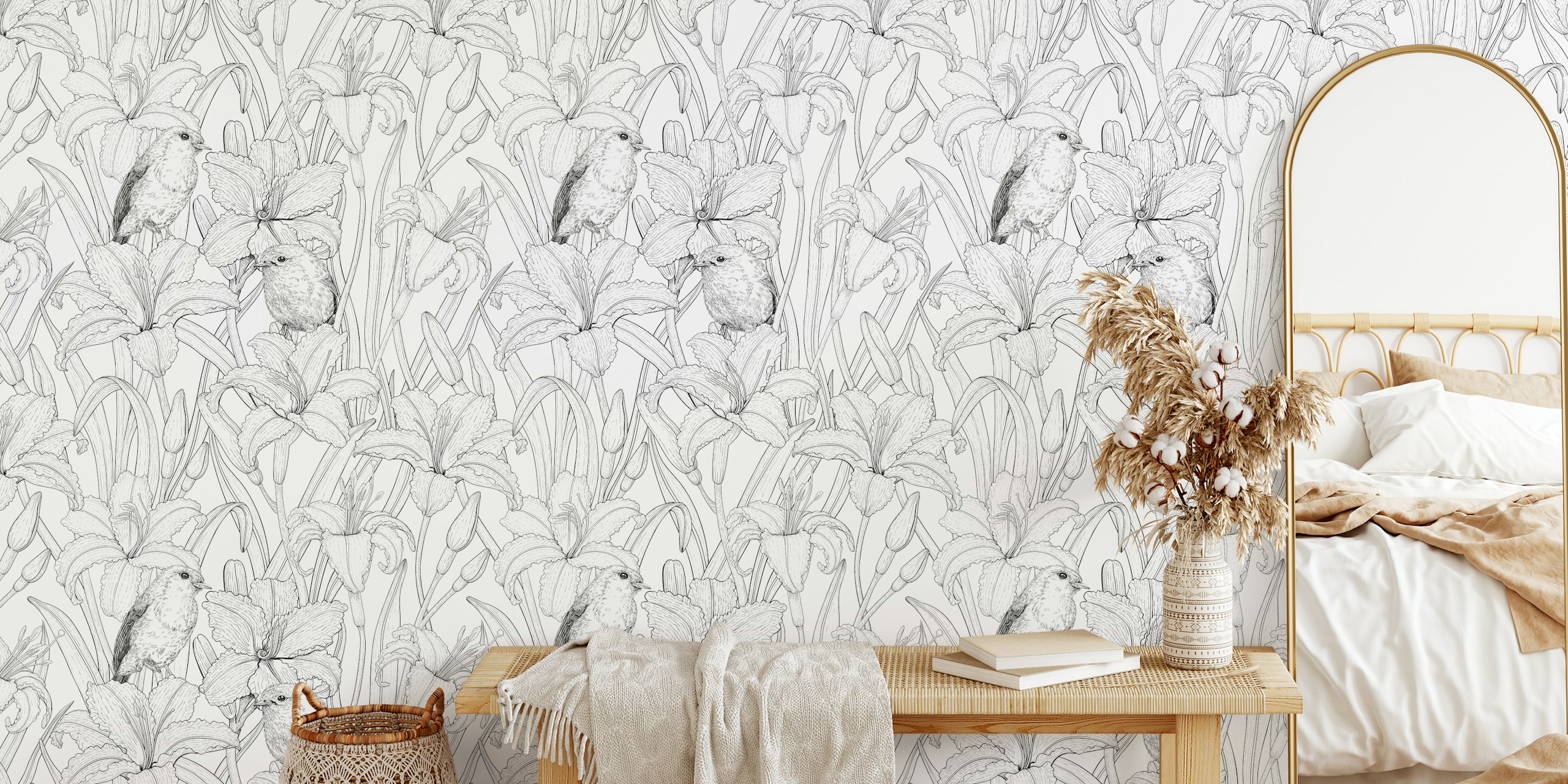 Robins and lilies in black and white wallpaper
