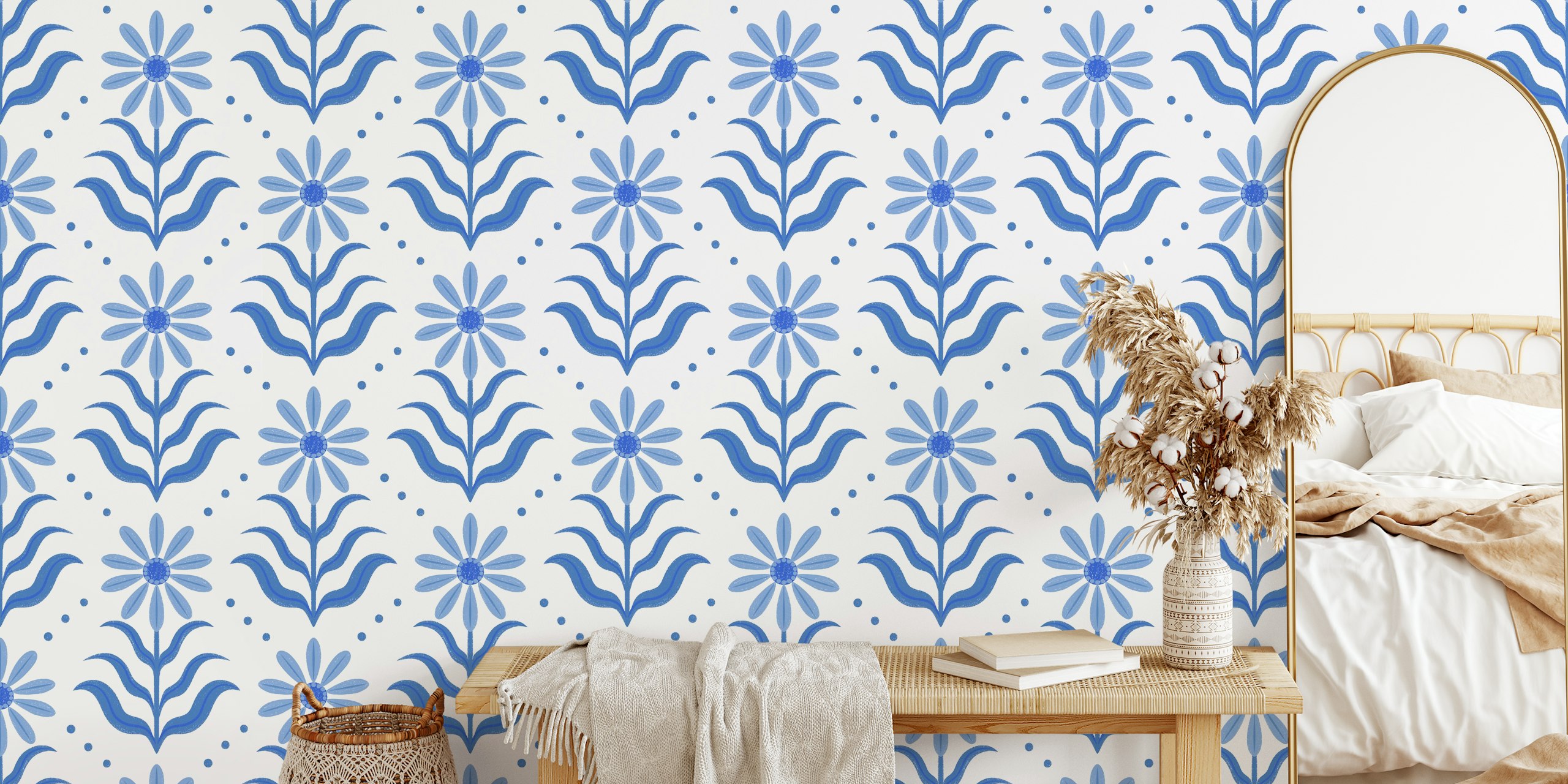 Niepowtarzalna niebieska tapeta Blue Geo Floral w stylowym pokoju