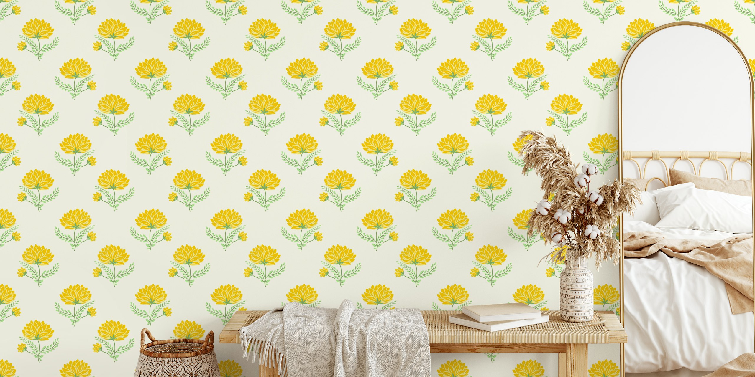 Yellow marigold flowers with green leaves on cream background wallpaper