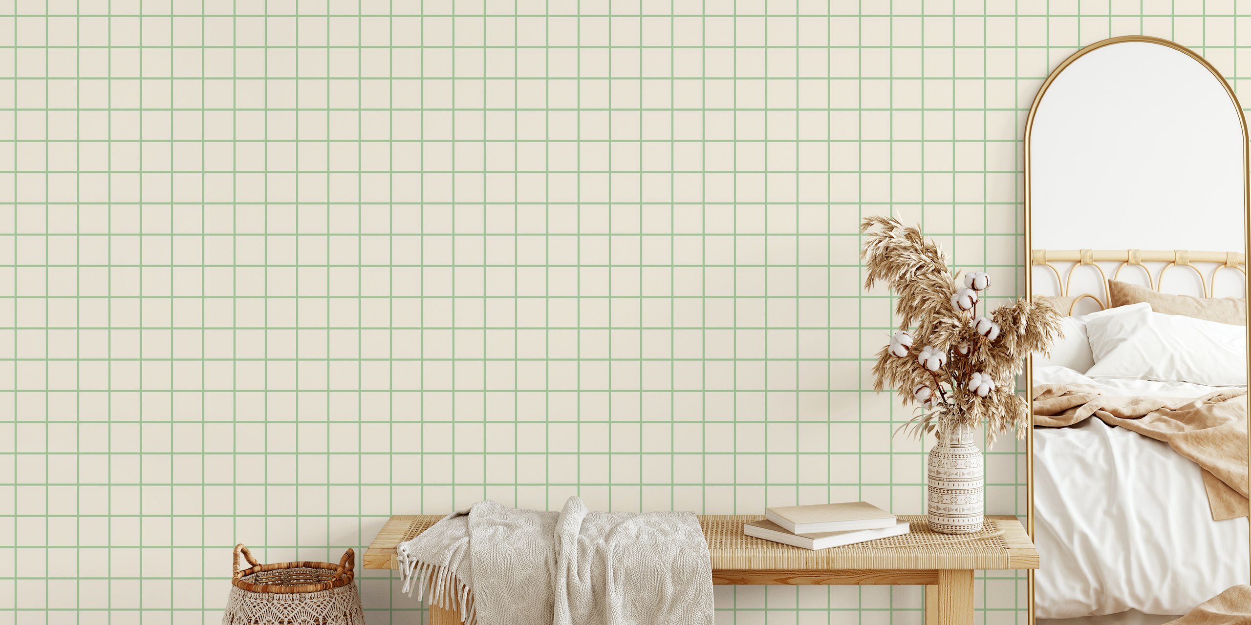 Minimal Squares - Beige and Vintage Green firkantet tapet i et rom