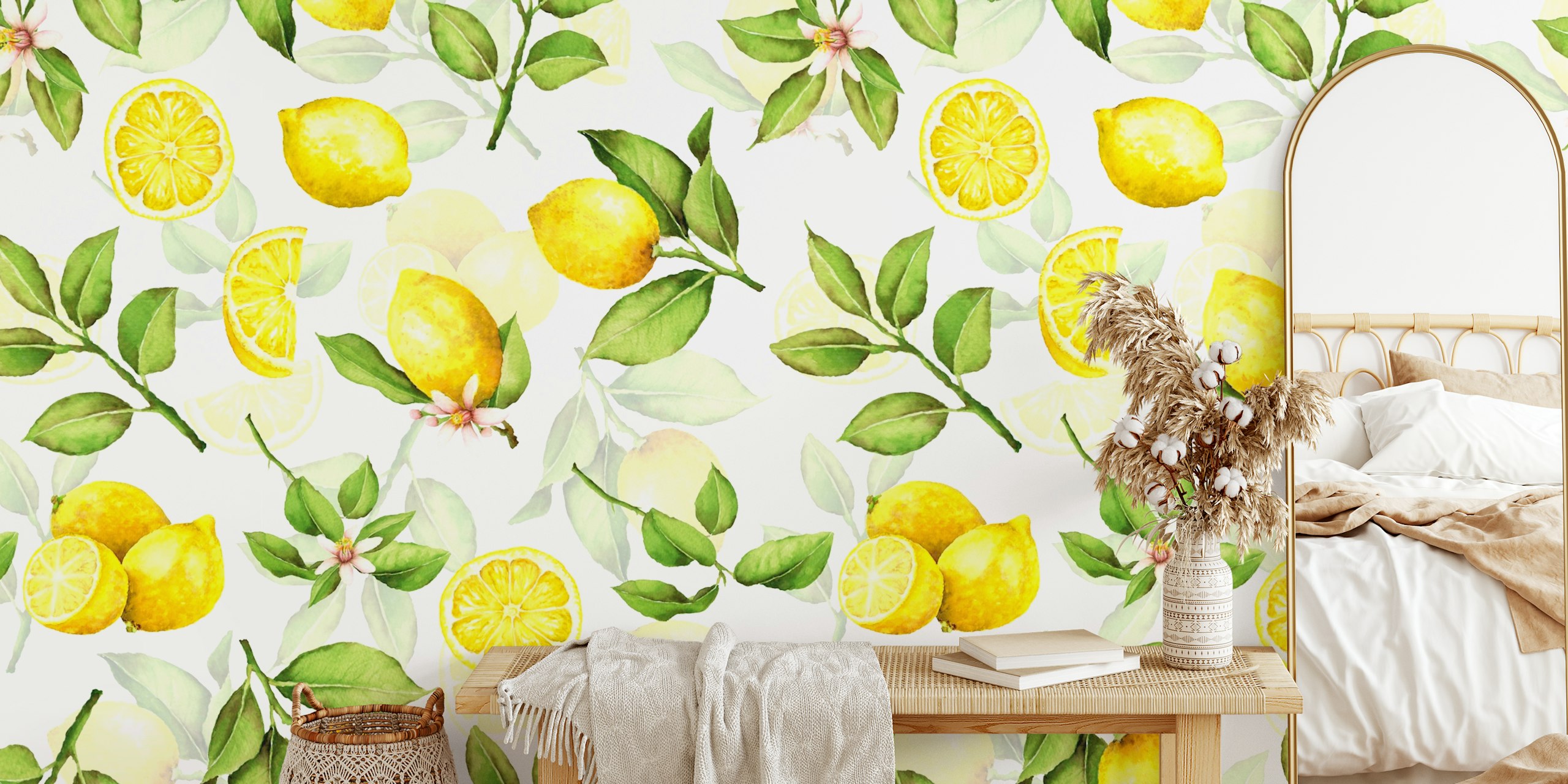 Yellow lemons and green leaves pattern wallpaper