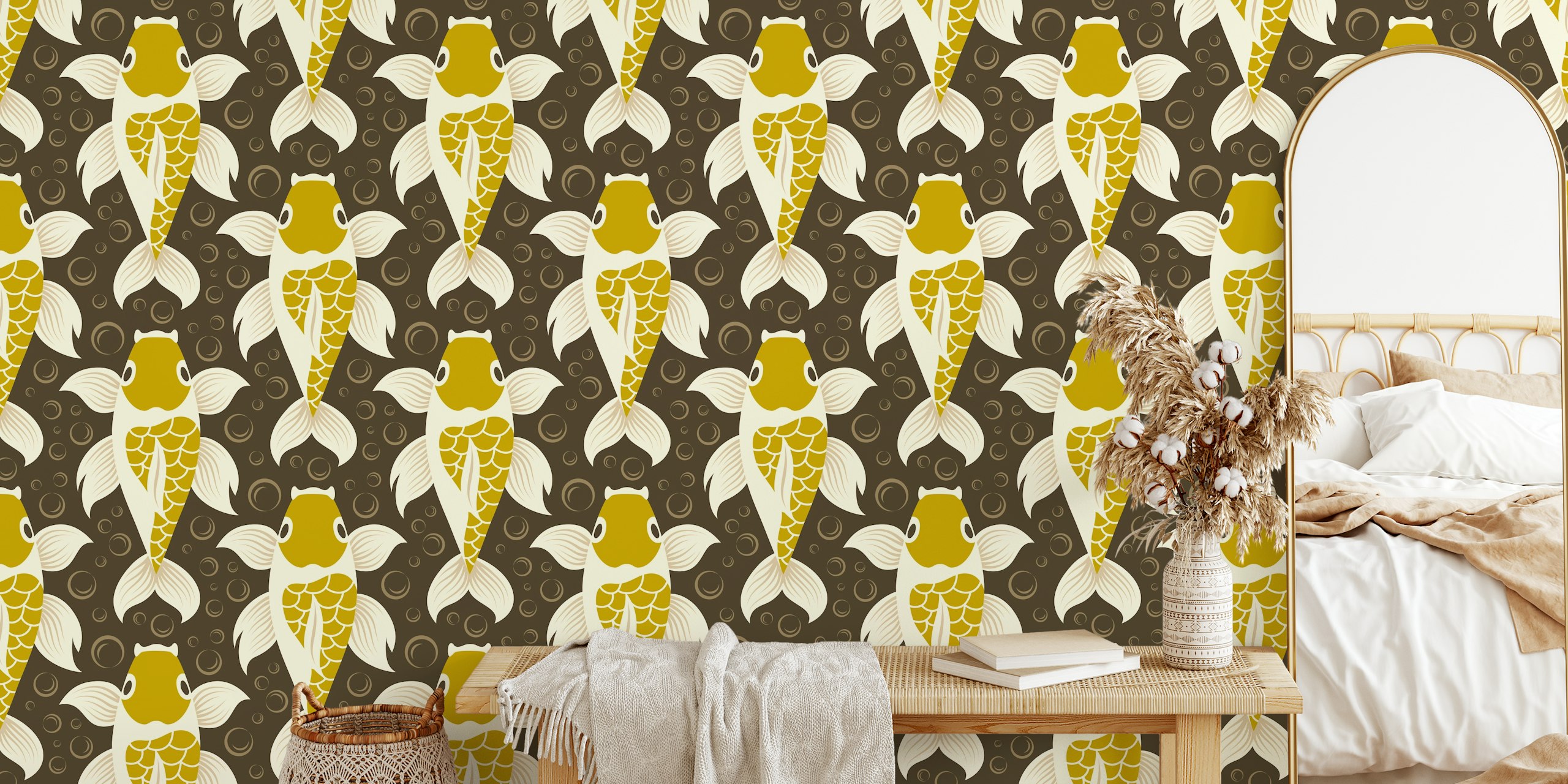 Golden koi fish pattern wallpaper in a room