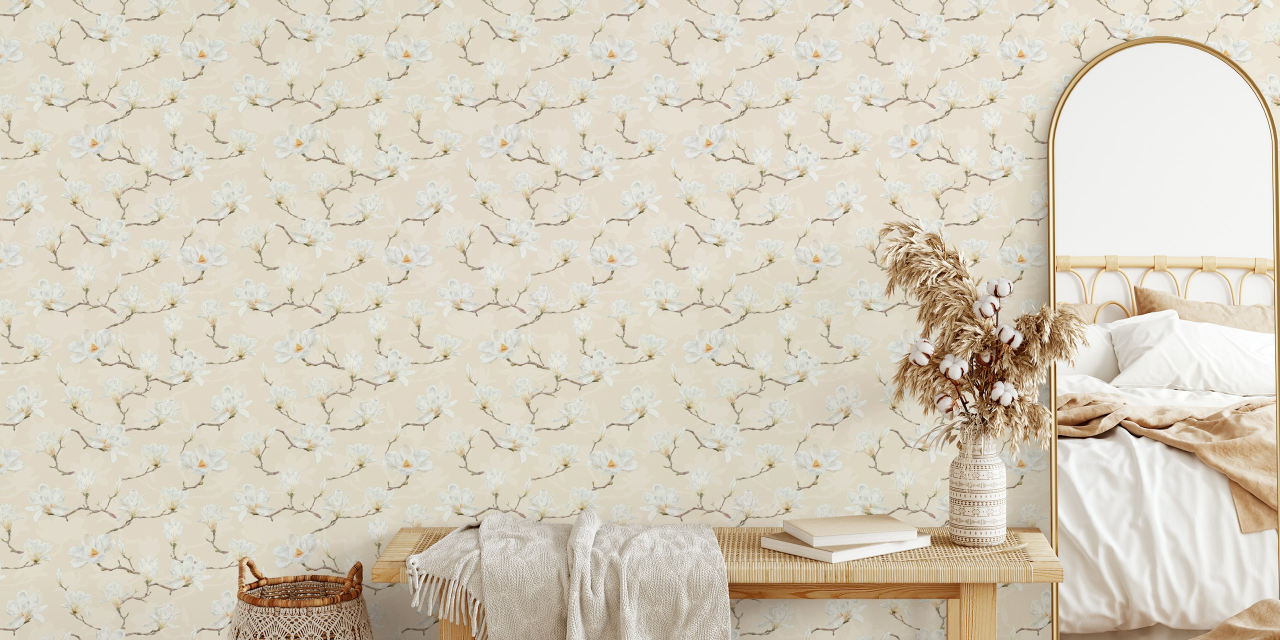 White magnolia flowers with branches on a beige background wallpaper