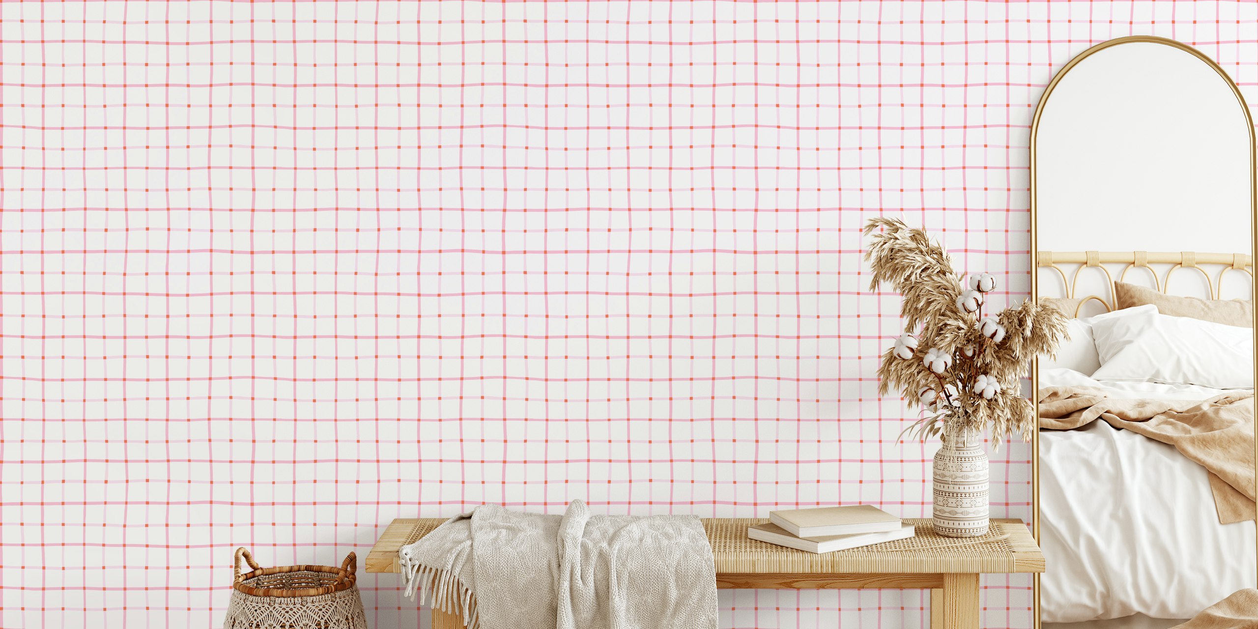 Hand drawn pink and orange grid wallpaper
