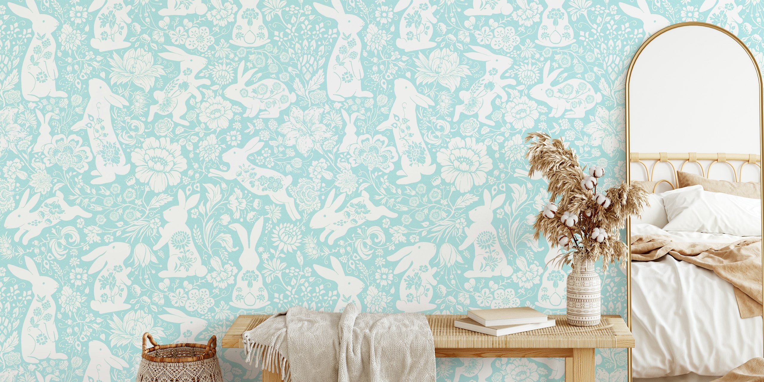 Light blue floral rabbit wallpaper with white rabbits and flowers