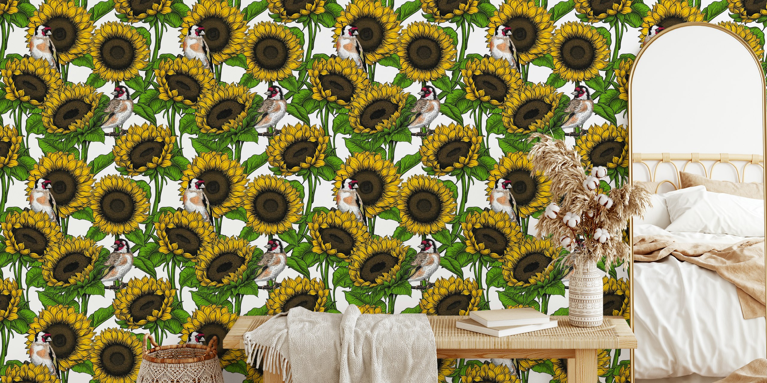 Sunflowers and goldfinches in yellow and green wallpaper