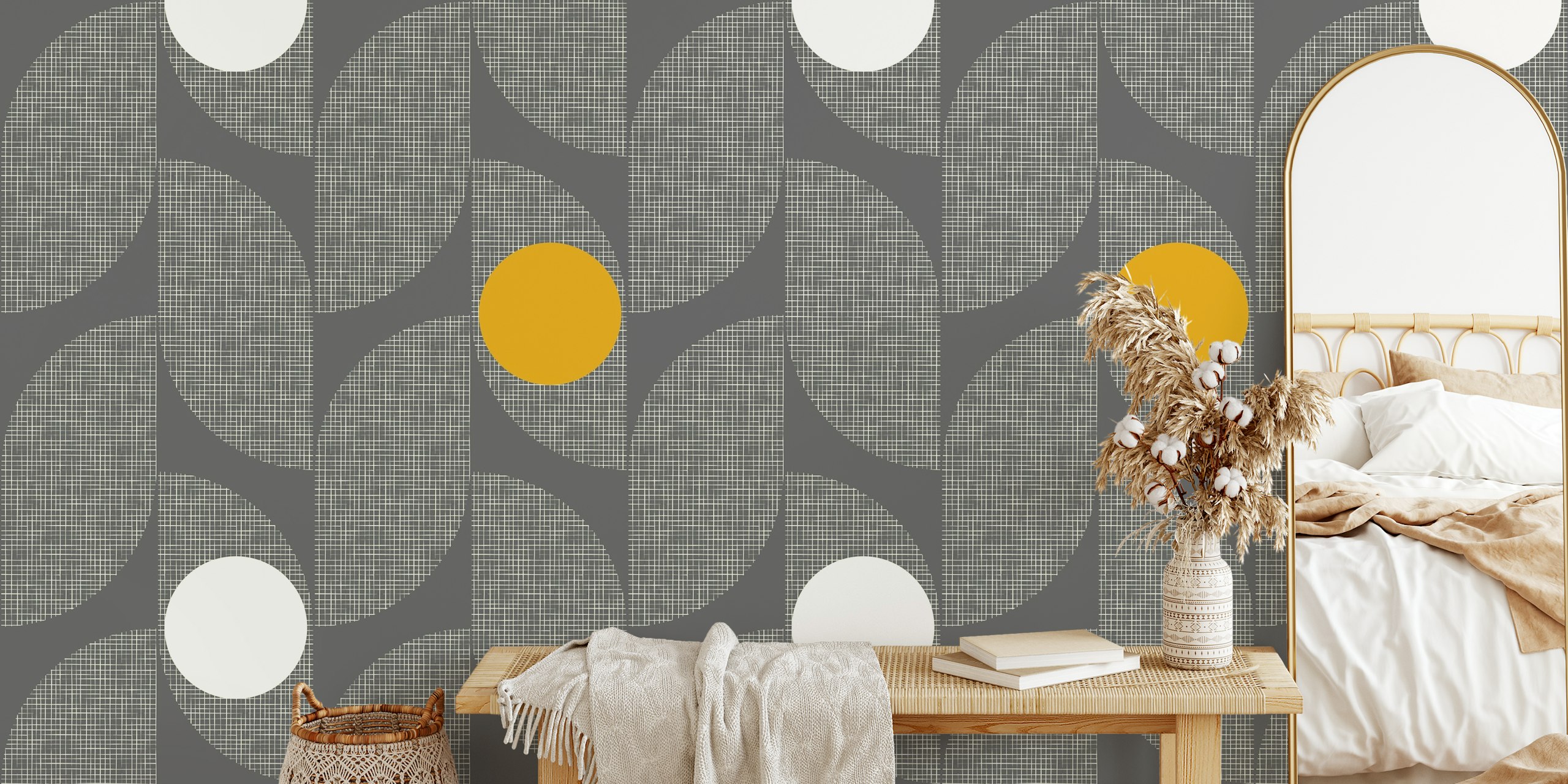 Leaf pattern in grey with yellow and cream colors mid century modern wallpaper