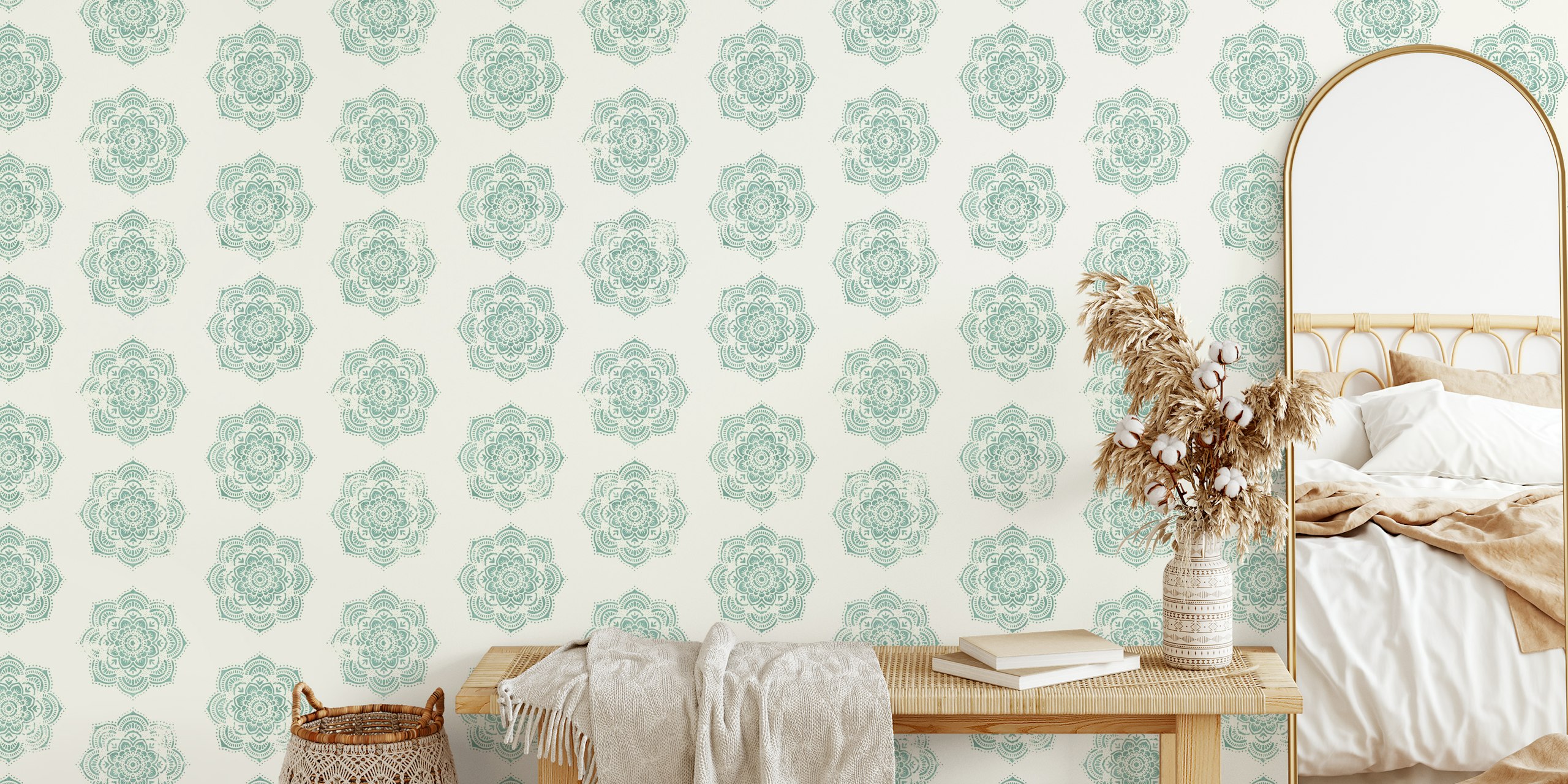 Vintage bohem-stil mandala veggmaleri i blågrønn og elfenben farger