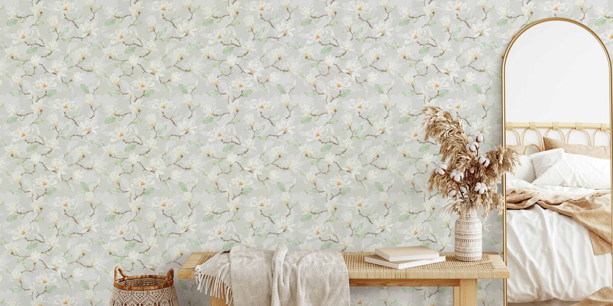 Magnolia flowers with green leaves on gray background wallpaper