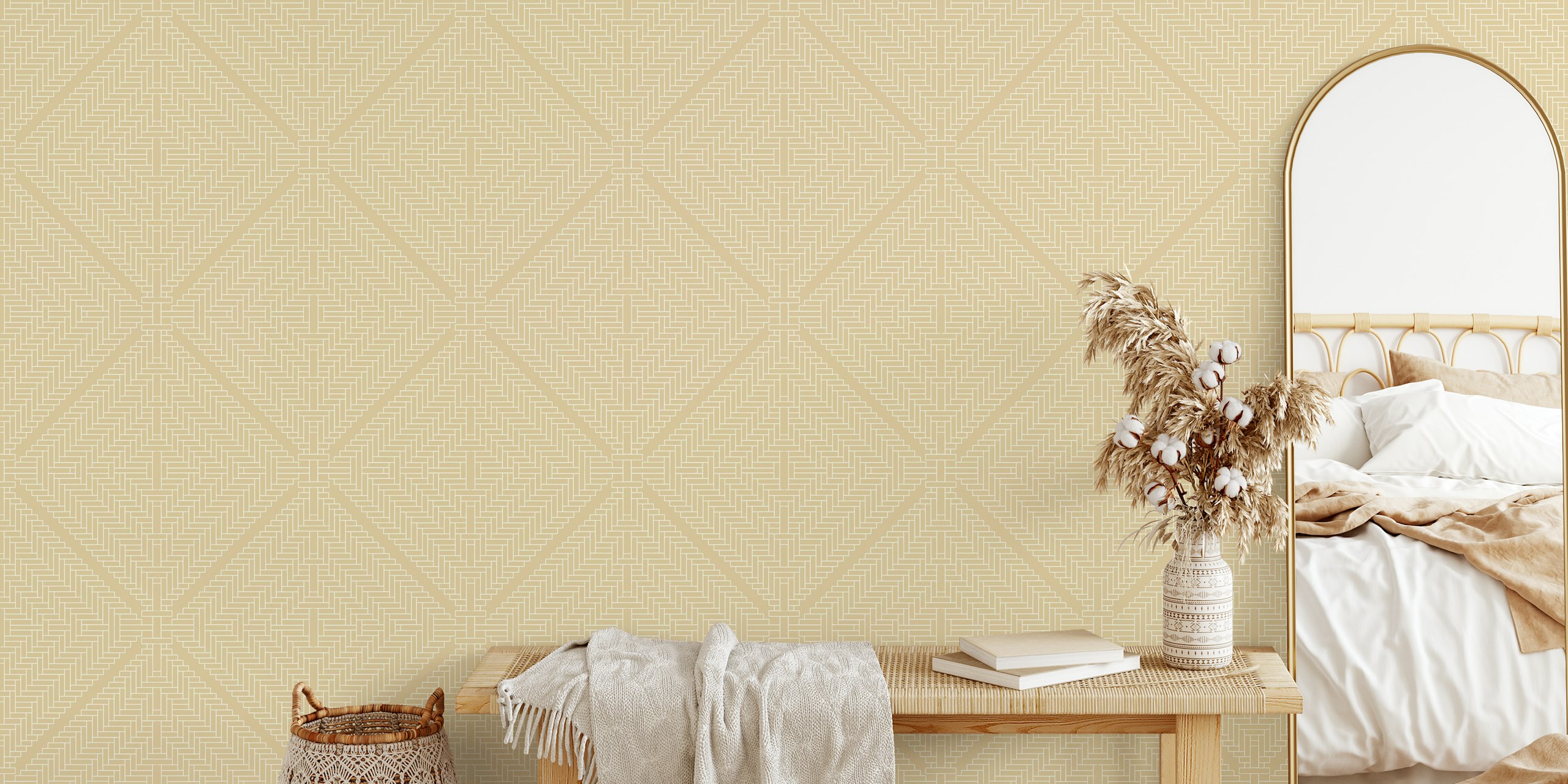 Rattan Tiles Beige wallpaper in a room