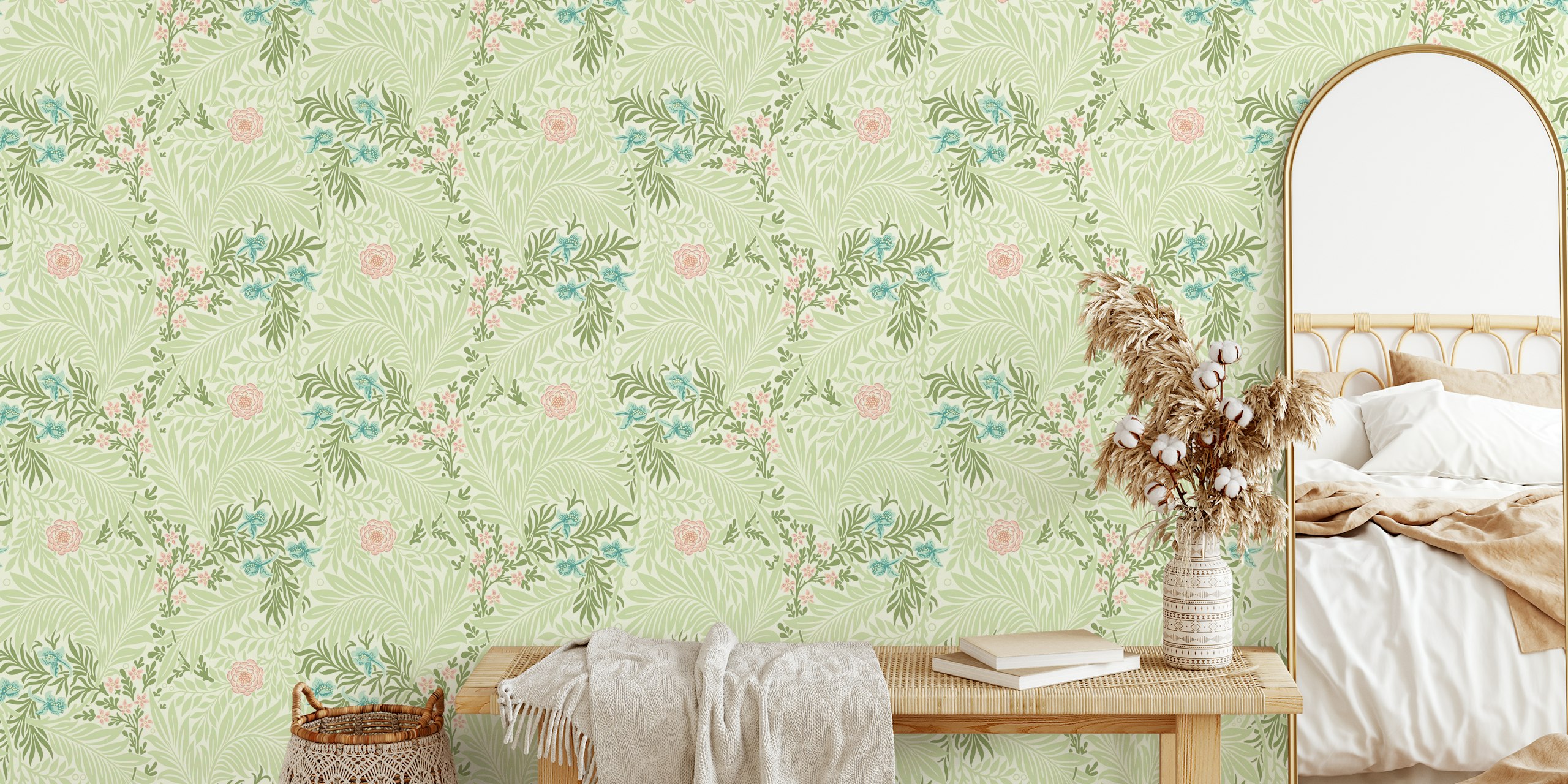 Victorian Larkspur pattern wall mural with soft pastels and botanical motifs