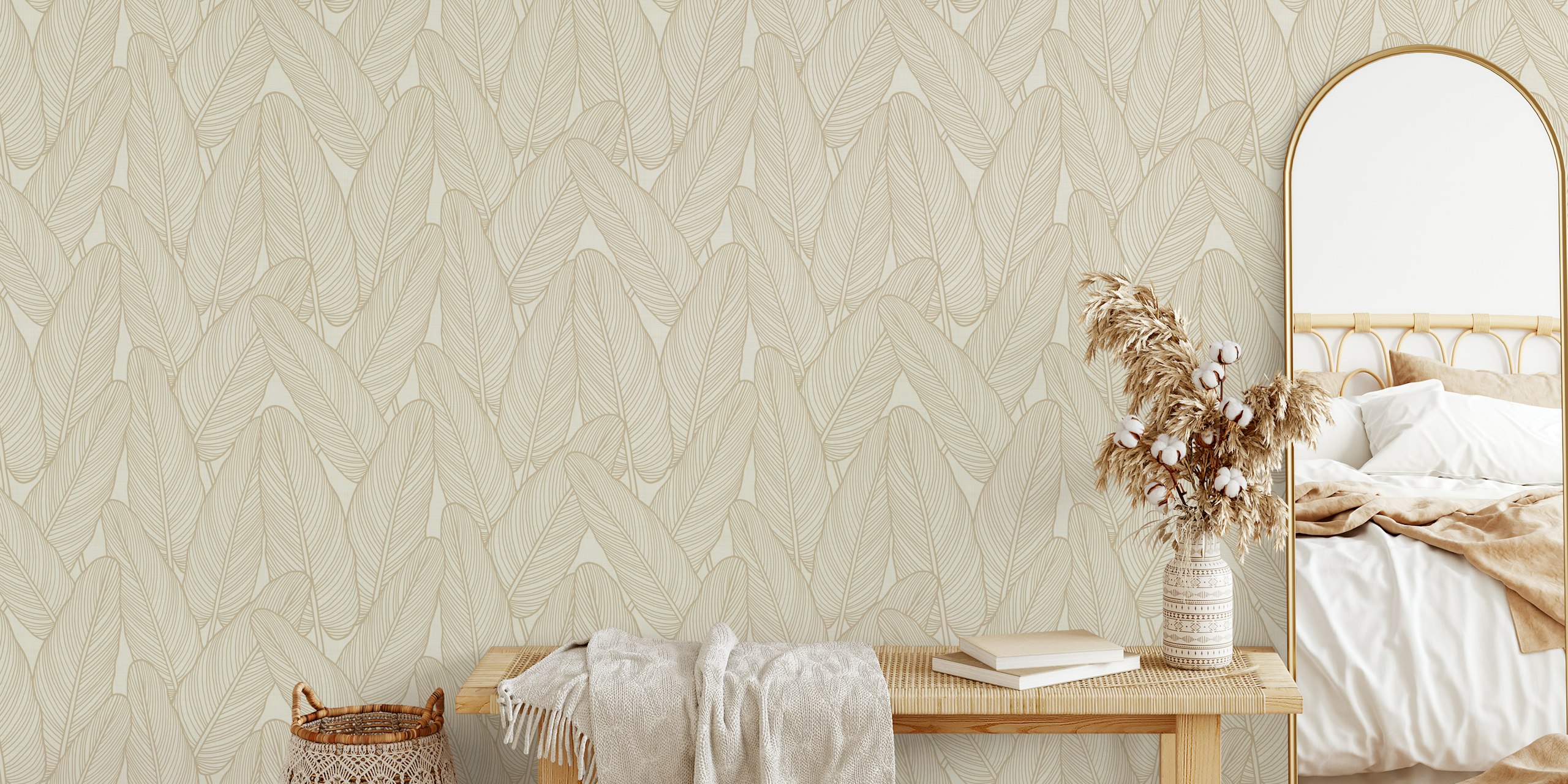 Line art leaves in warm beige tones minimalist wallpaper