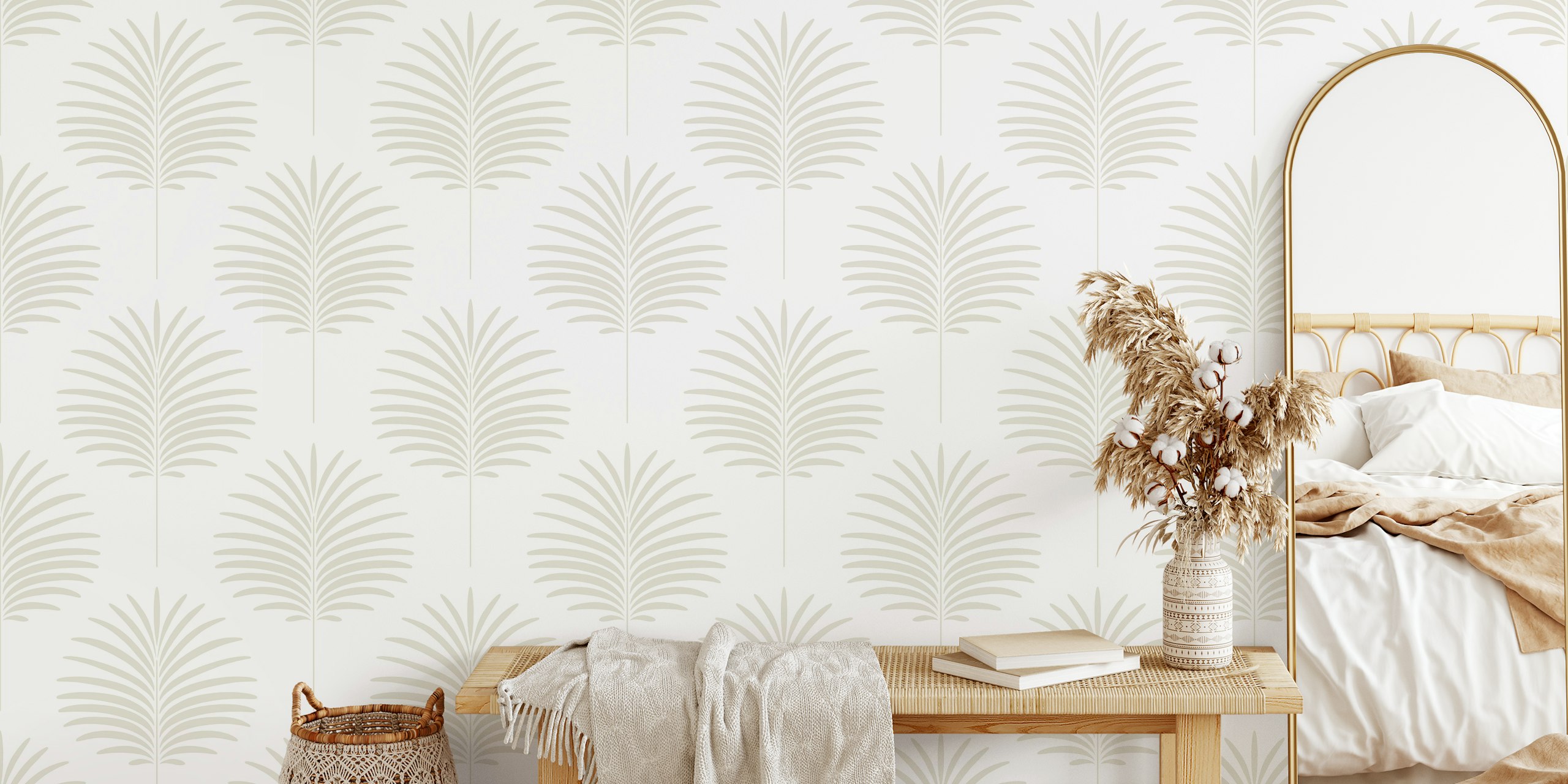 Palm leaves design in neutral tones on white background wallpaper