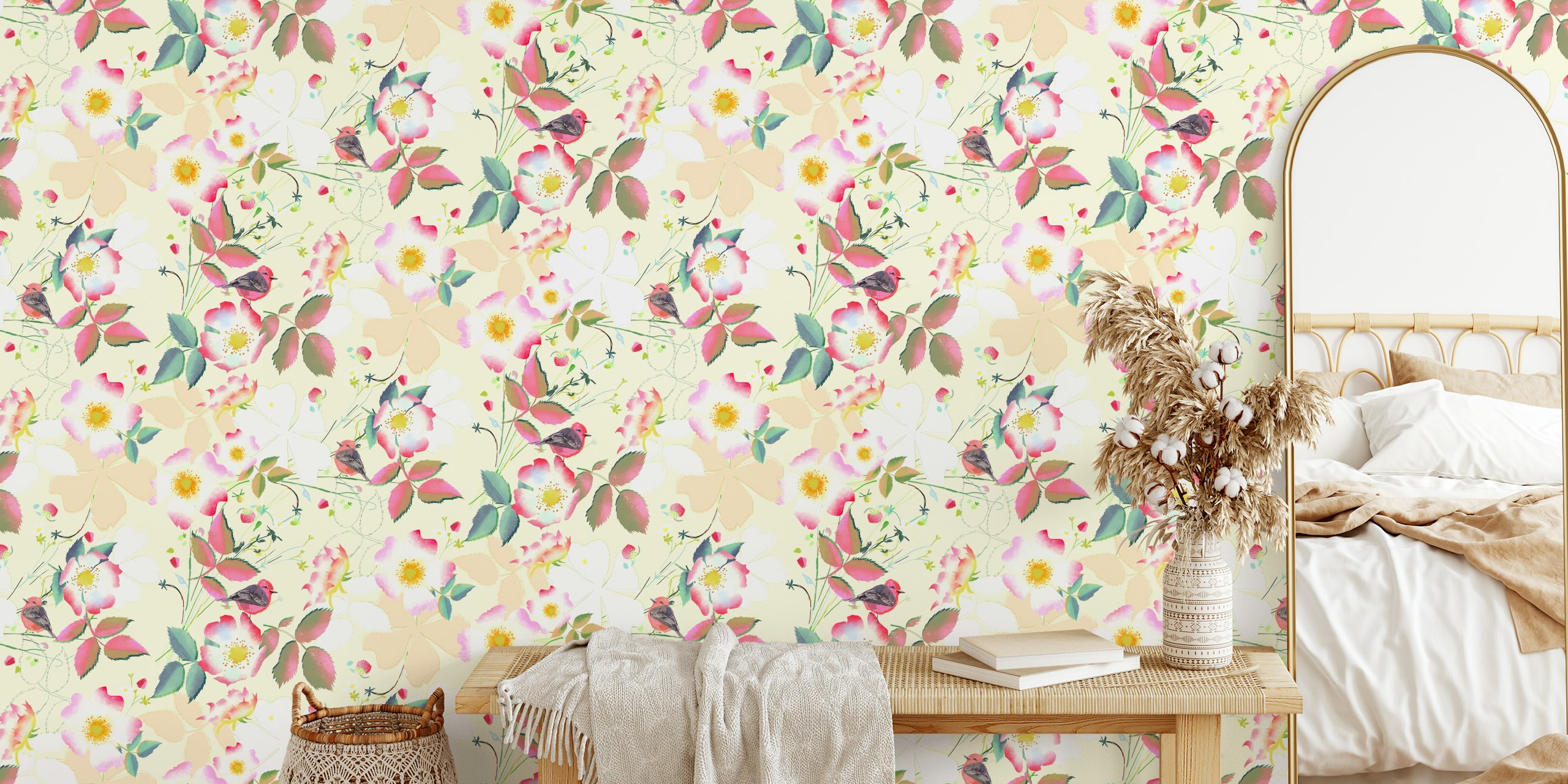 Tapeta Dogrose spring songbirds w pokoju