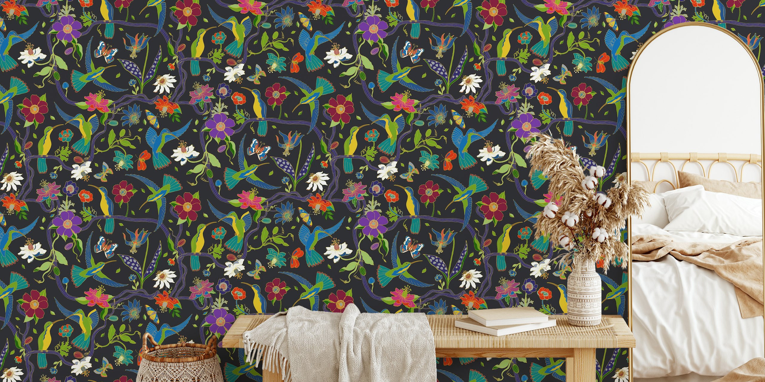 Colorful hummingbirds and passion flowers on black background wallpaper