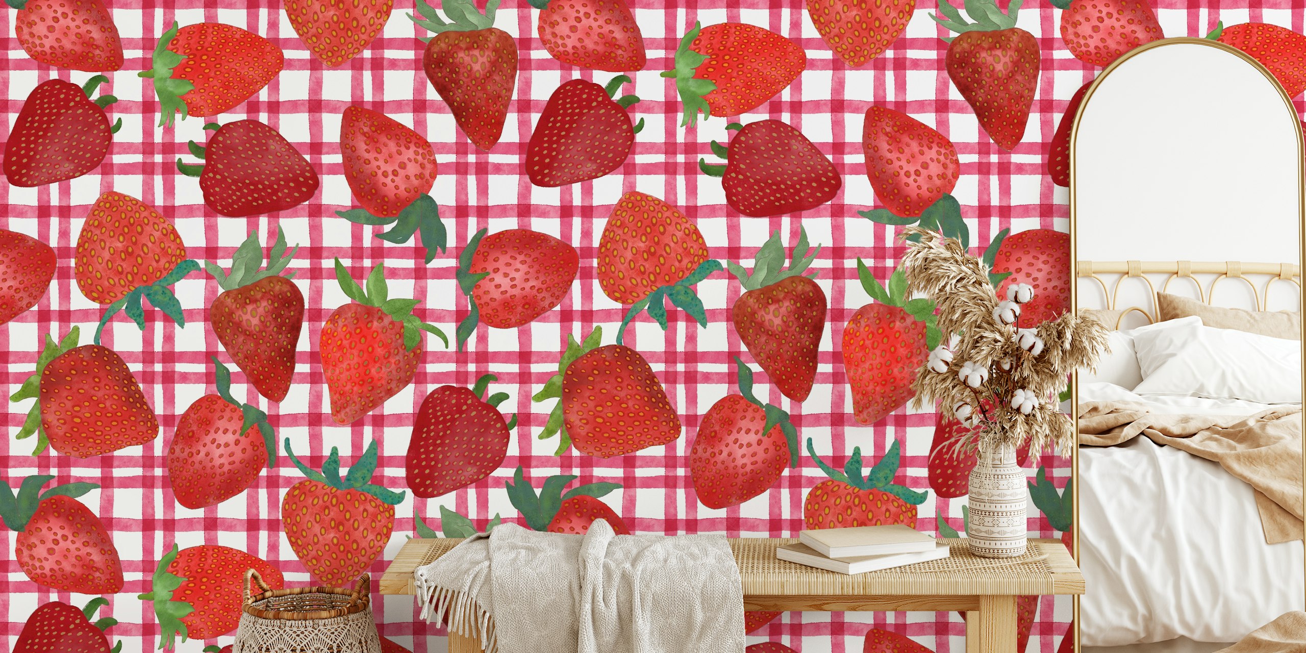 Watercolor strawberries wallpaper in a room