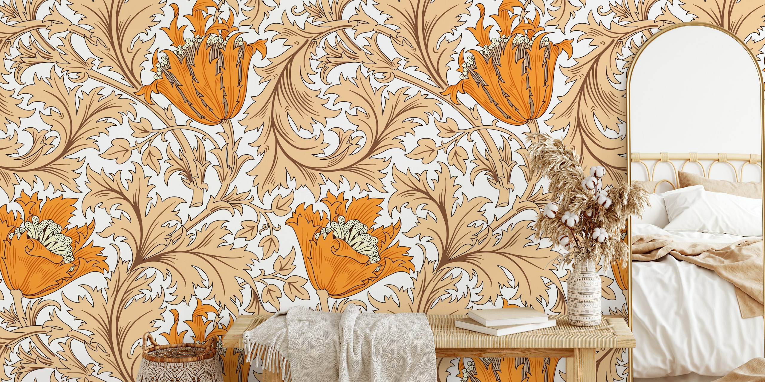 Motif floral anémone vintage aux tons ambres et neutres