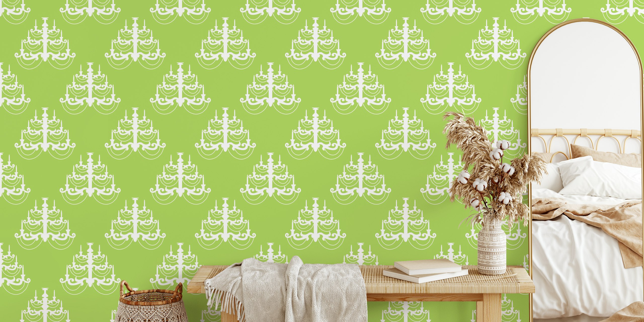 White chandelier design on a vibrant green background wallpaper